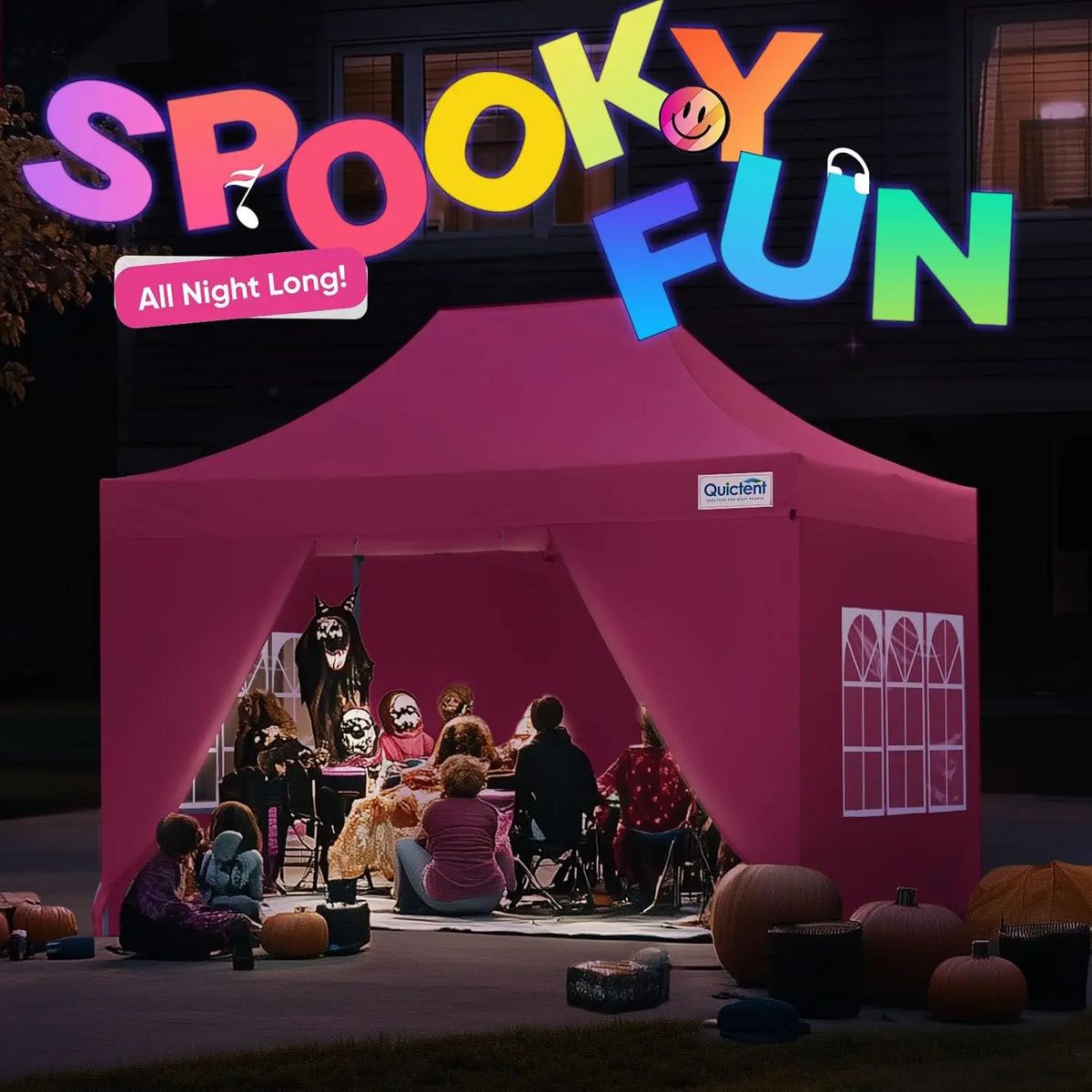 A pink pop-up canopy tent set up at night outdoors#color_Pink