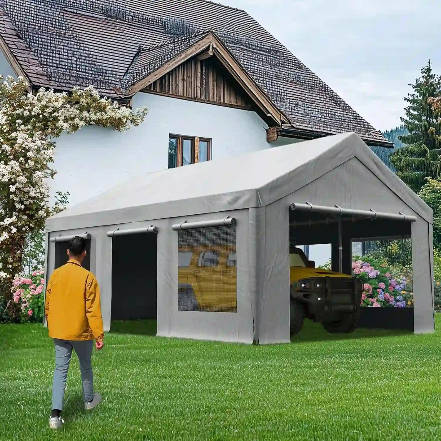 Carports with Side Zipper Doors#color_gray-mesh