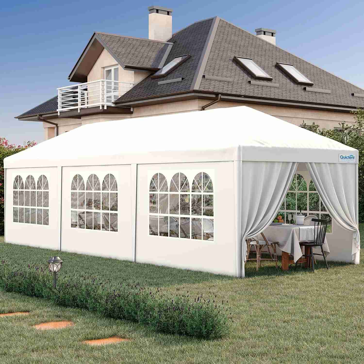 Quictent 10x30 Party Tent, Frame Tent with 6 Removable Sidewalls, White