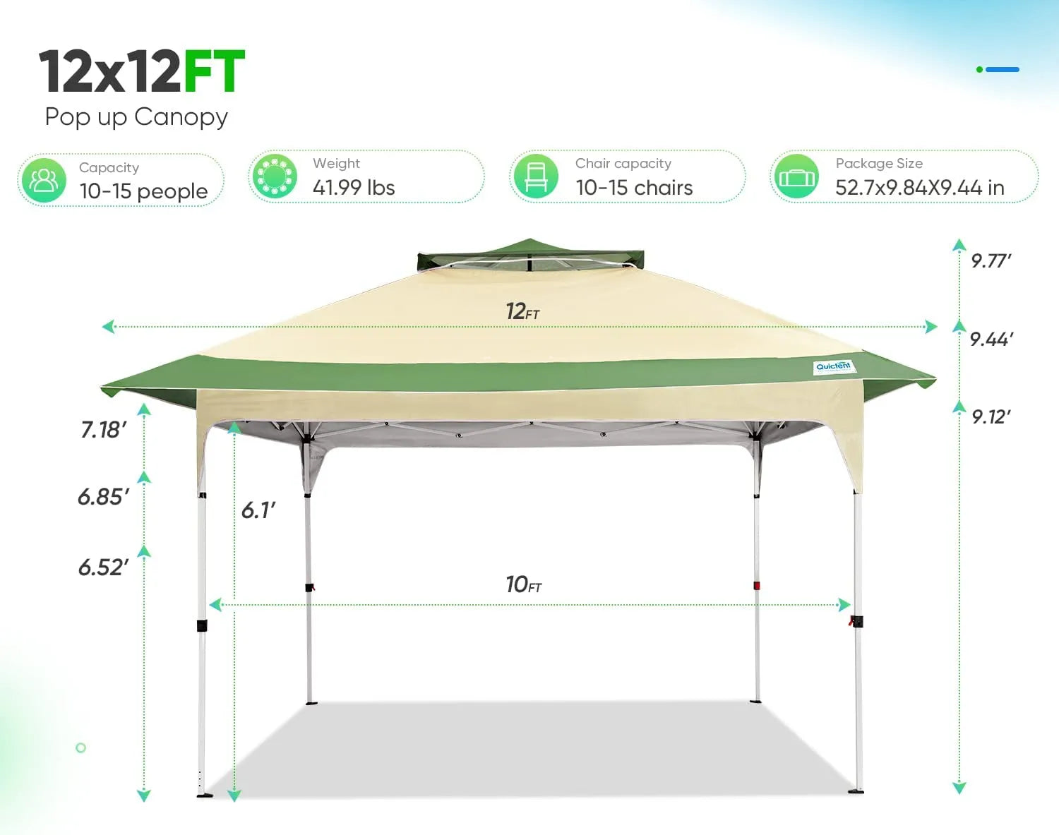 Green 12 x12 Pop up Canopy Specification#color_beige&green