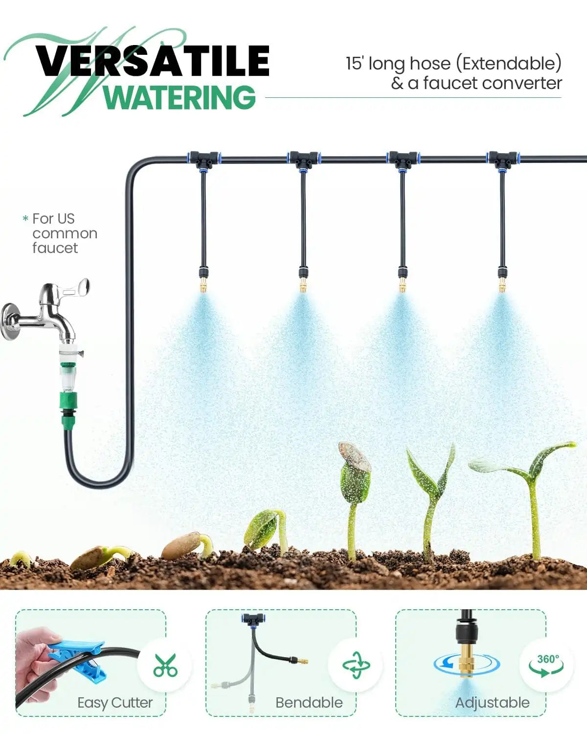 15ft long hose and a faucet converter#color_White with Watering