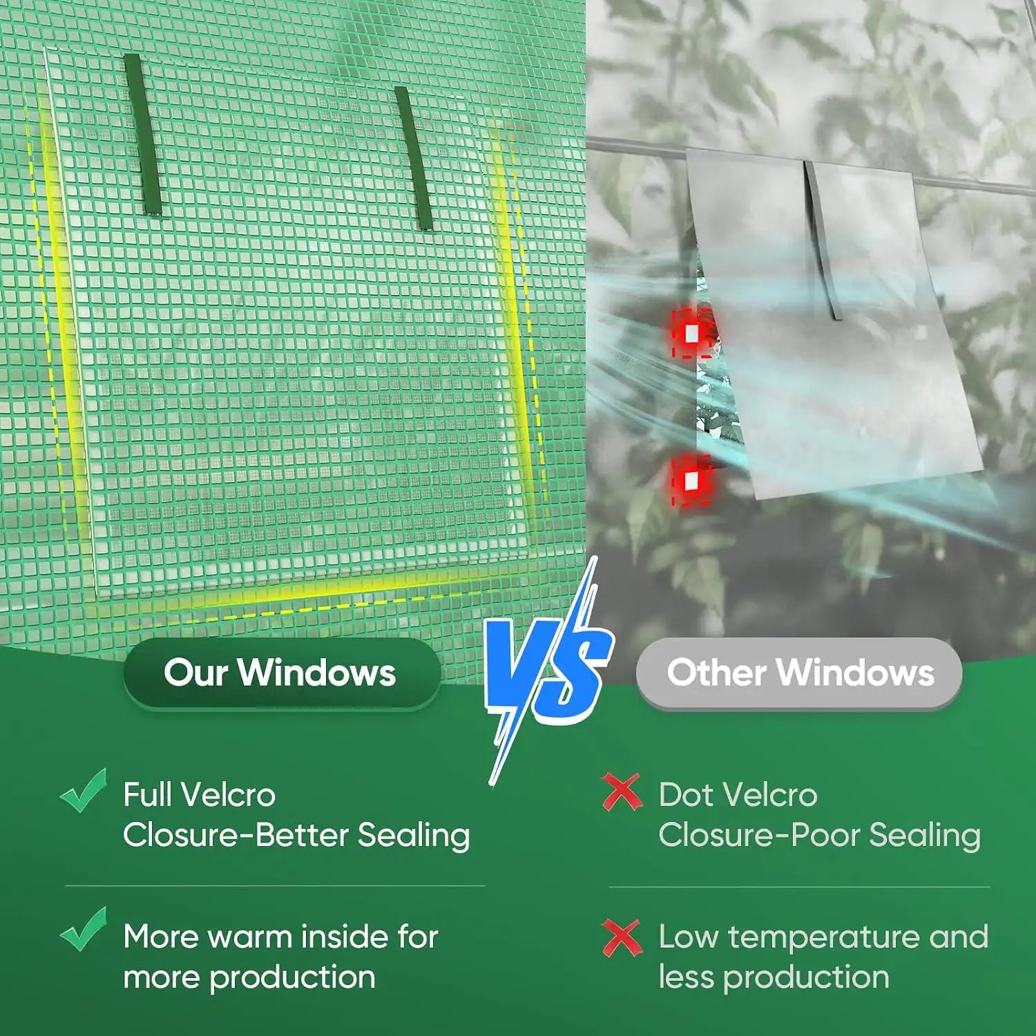 Full velcro closure-better sealing for greenhouse windows#color_20ft-Green