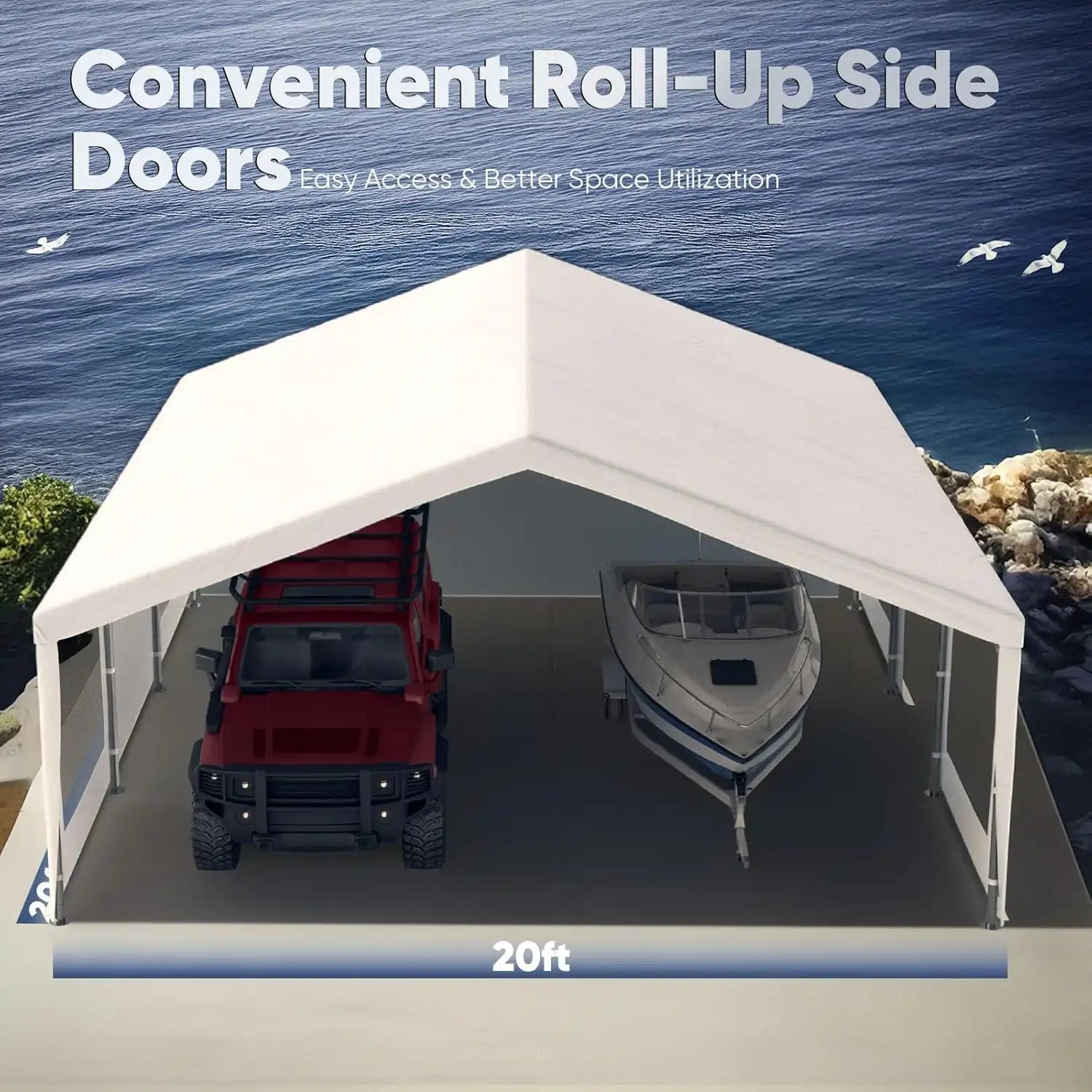 Convenient Roll-Up Side Doors#color_20'x20'-White w/Steel Cables