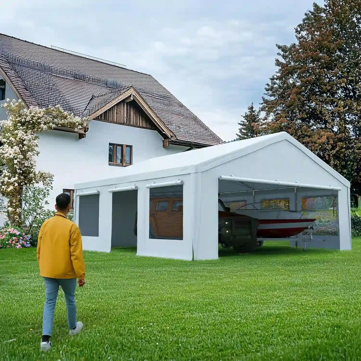 Quictent 20x20 ft Heavy Duty Carport#color_20'x20'-White w/Steel Cables