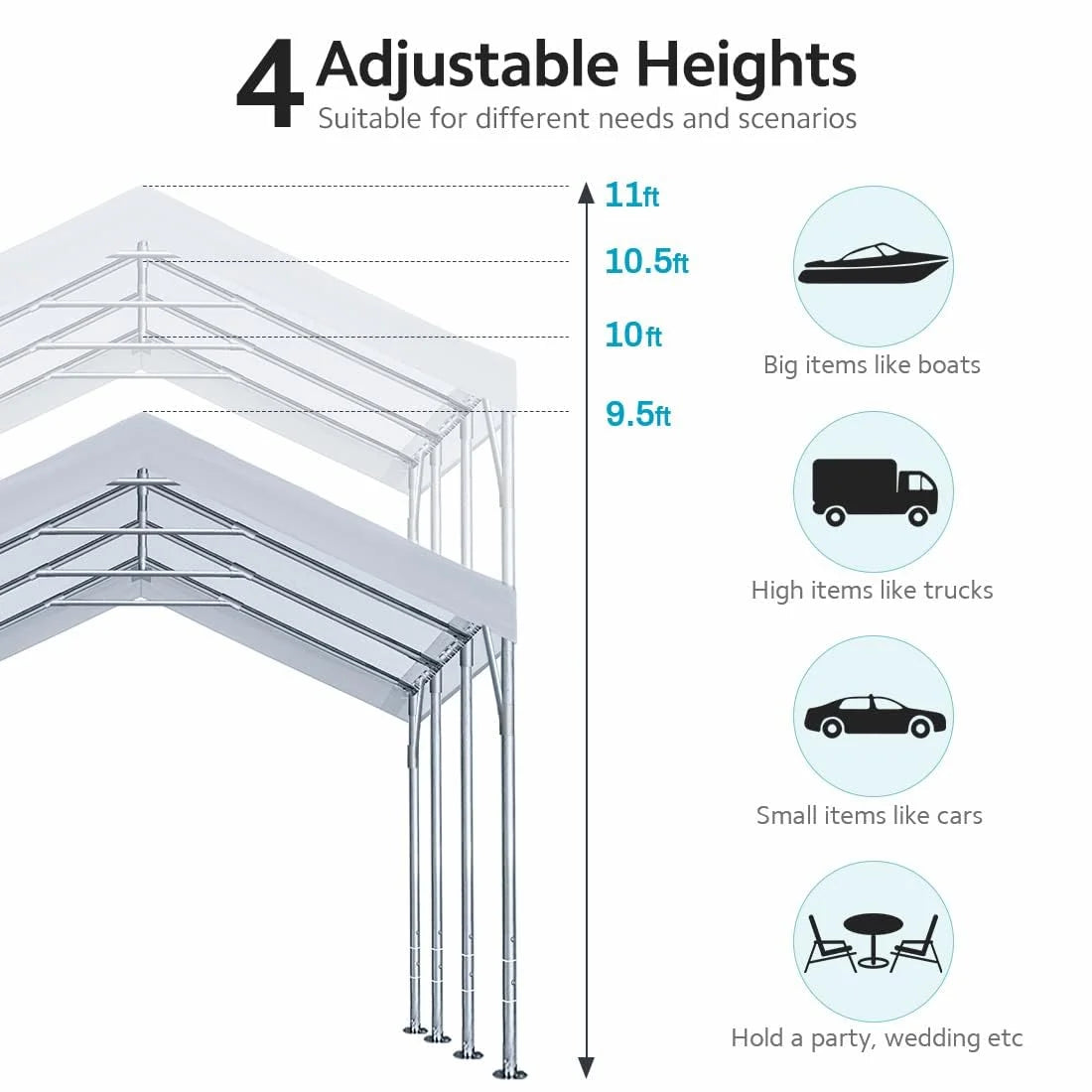 Adjustable Height from 9.5ft to 11ft#color_white-12'x20'