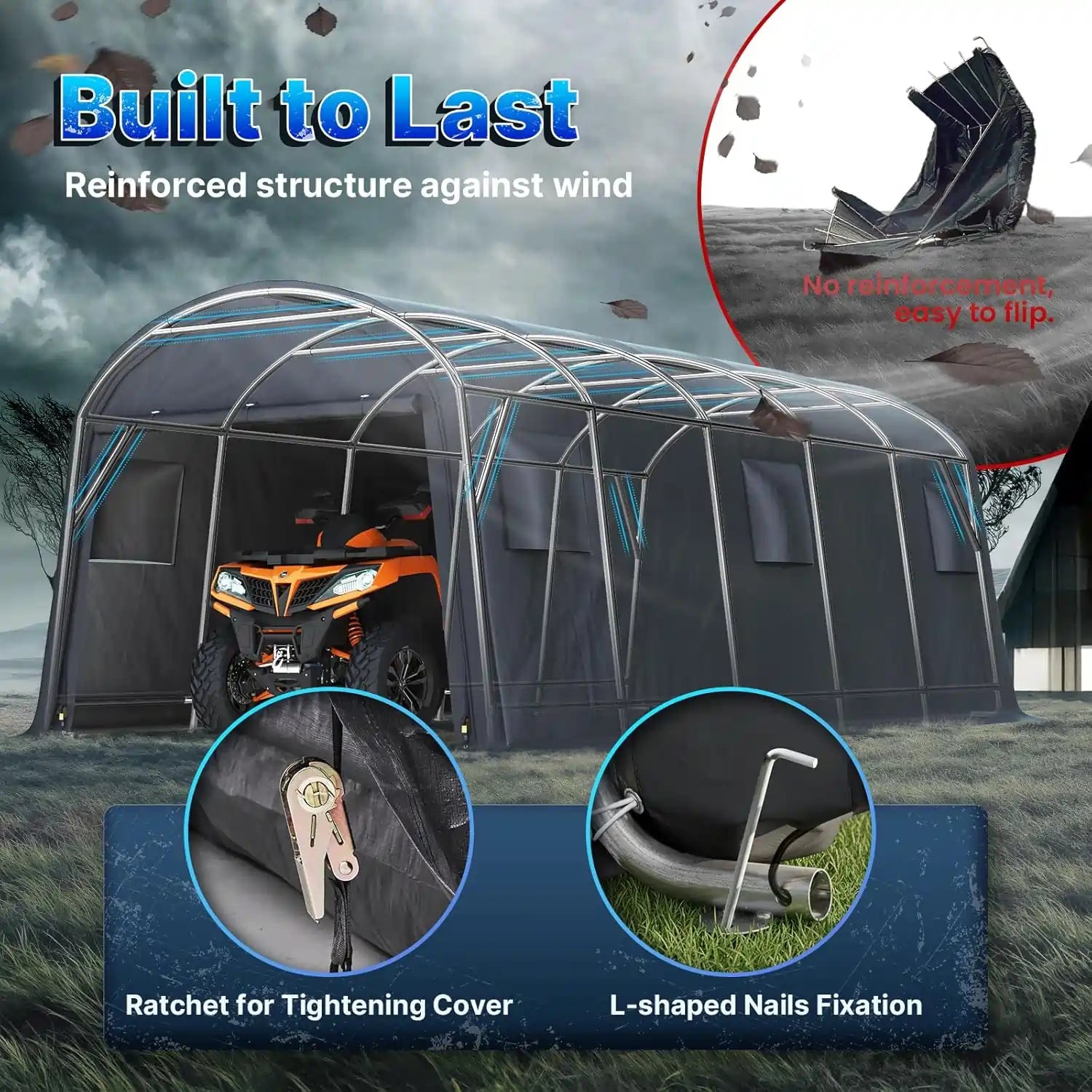 Outdoor shelter with reinforced a ratchet for tightening and L-shaped nails fixation#size_13' x 20'-Round