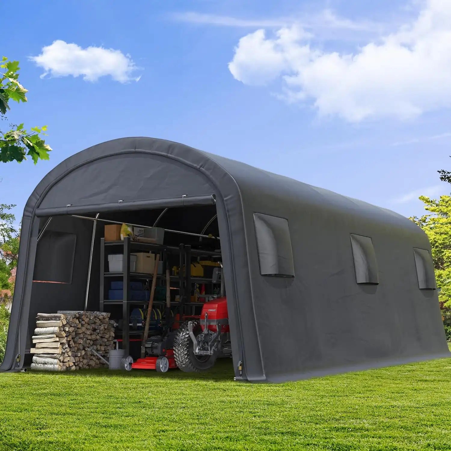 Portable garage shed with tools and equipment inside#size_13' x 20'-Round