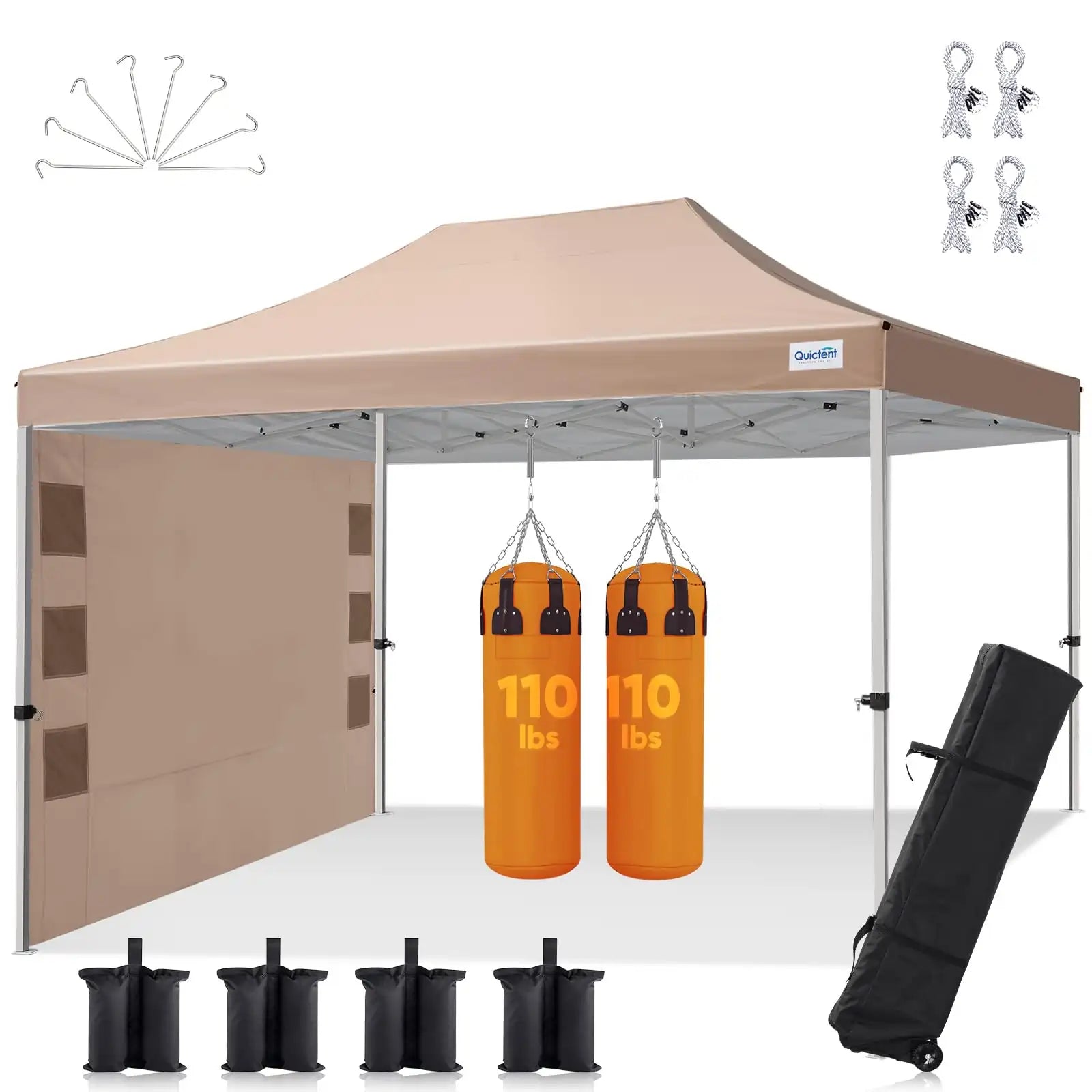 10x15 Heavy Duty Pop Up Canopy#style_10x15 With 1 Sidewall-Beige