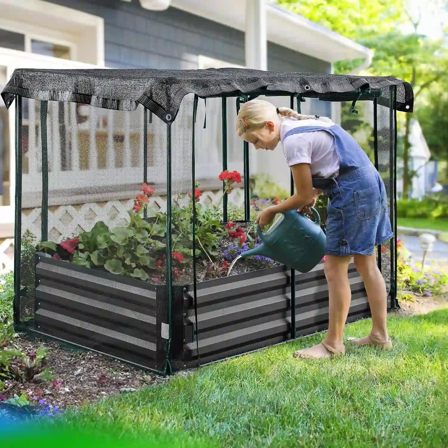 Quictent Galvanized Raised Garden Bed with net#size_6x3x1ft