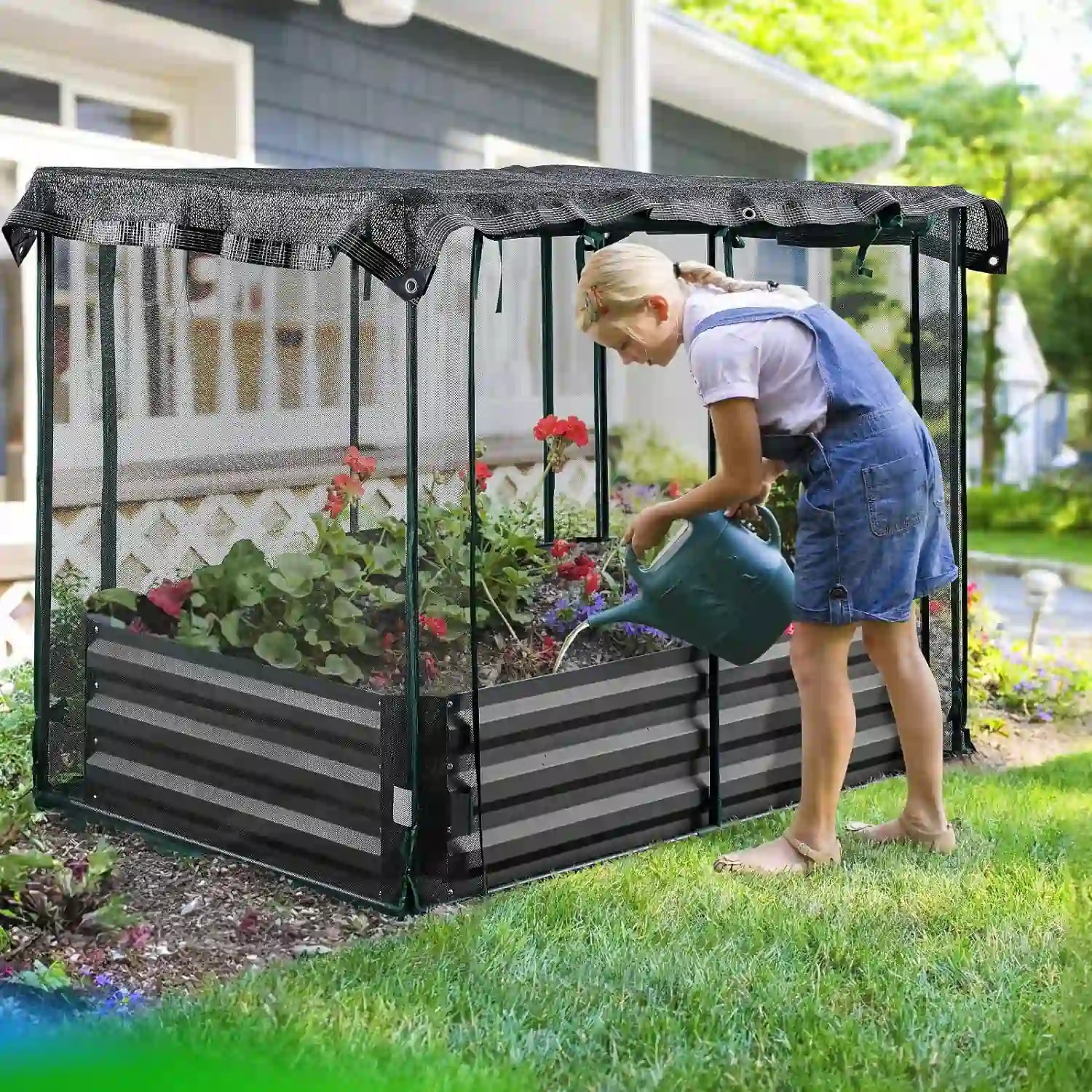 Quictent Galvanized Raised Garden Bed with Crop Cage Plant Protection Net Tent#size_4x3x1ft