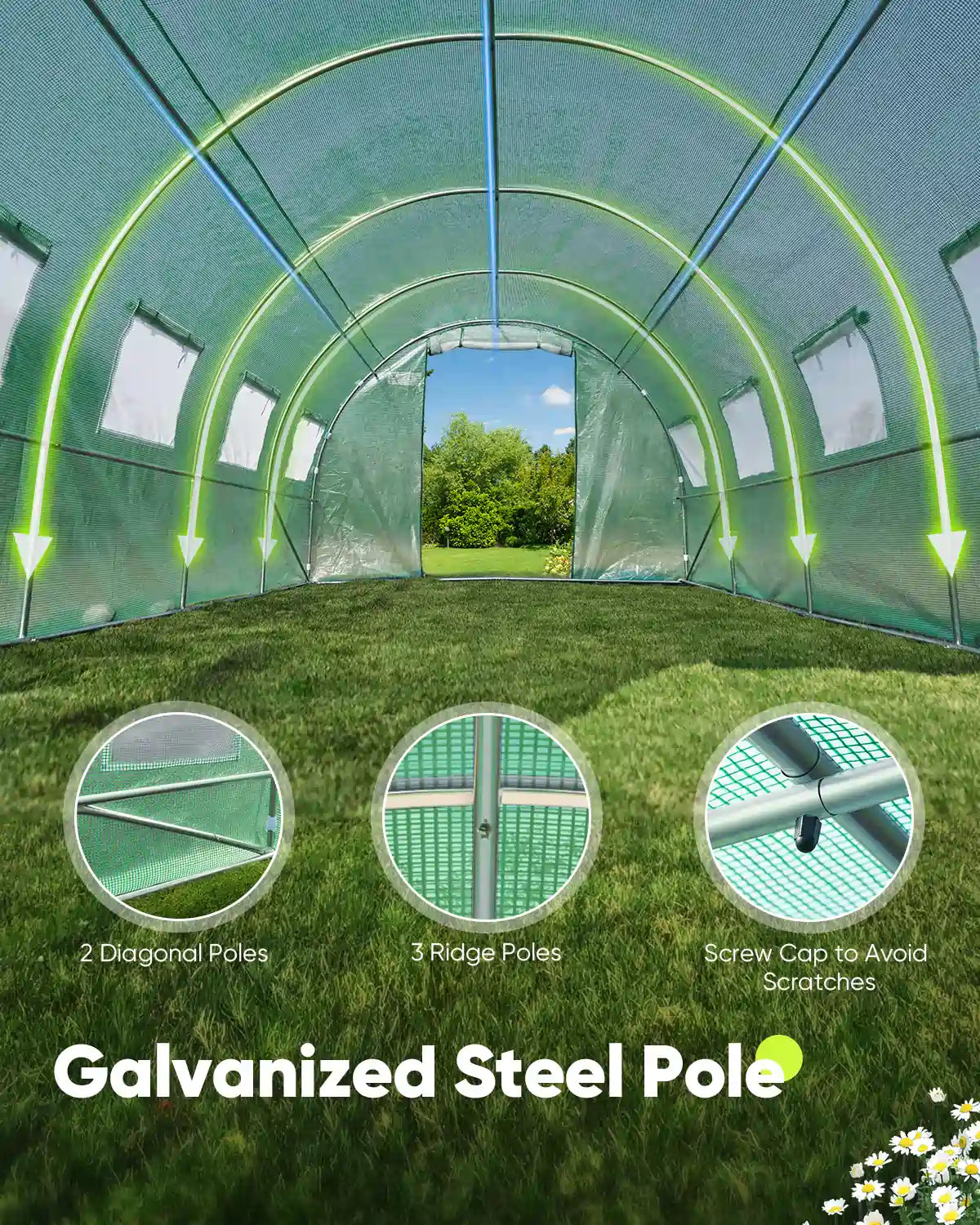 2 diagonal poles and 3 ridge poles#color_green