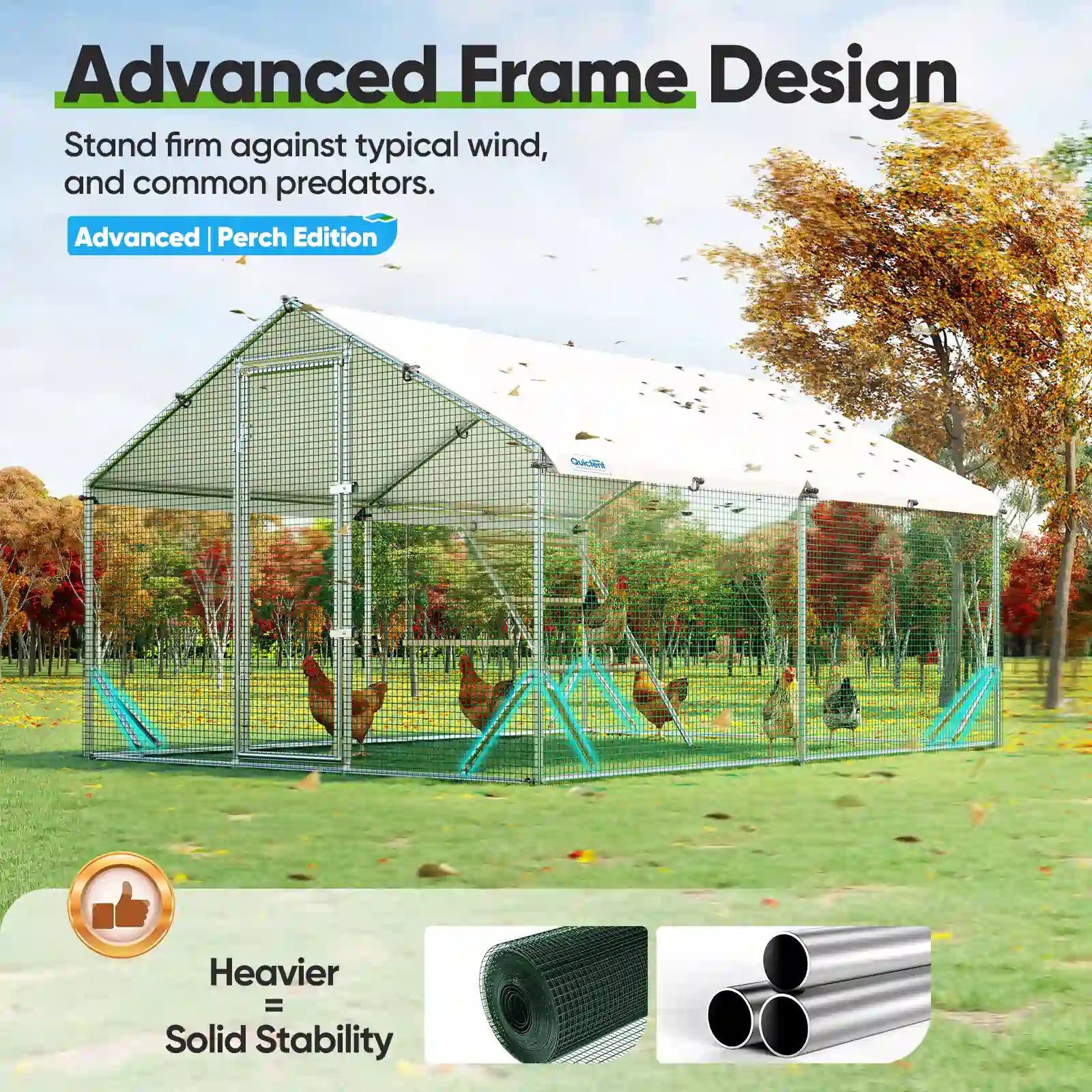 chicken coop with advanced frame design#size_12x9ft w/Extended Wire+Roosting Bar