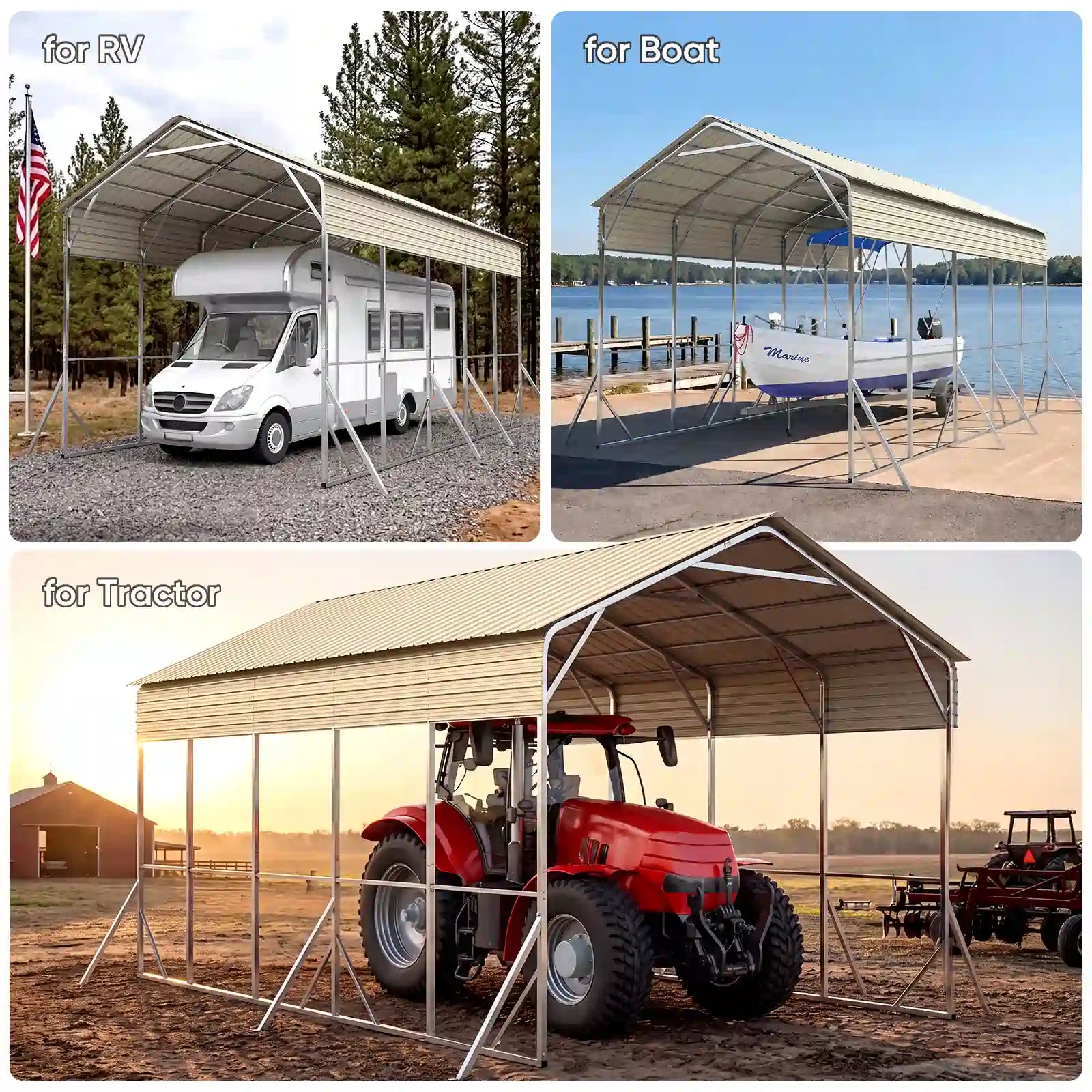 carports: one for RV, one for boat, and one for tractor#size_14X25ft-Taller