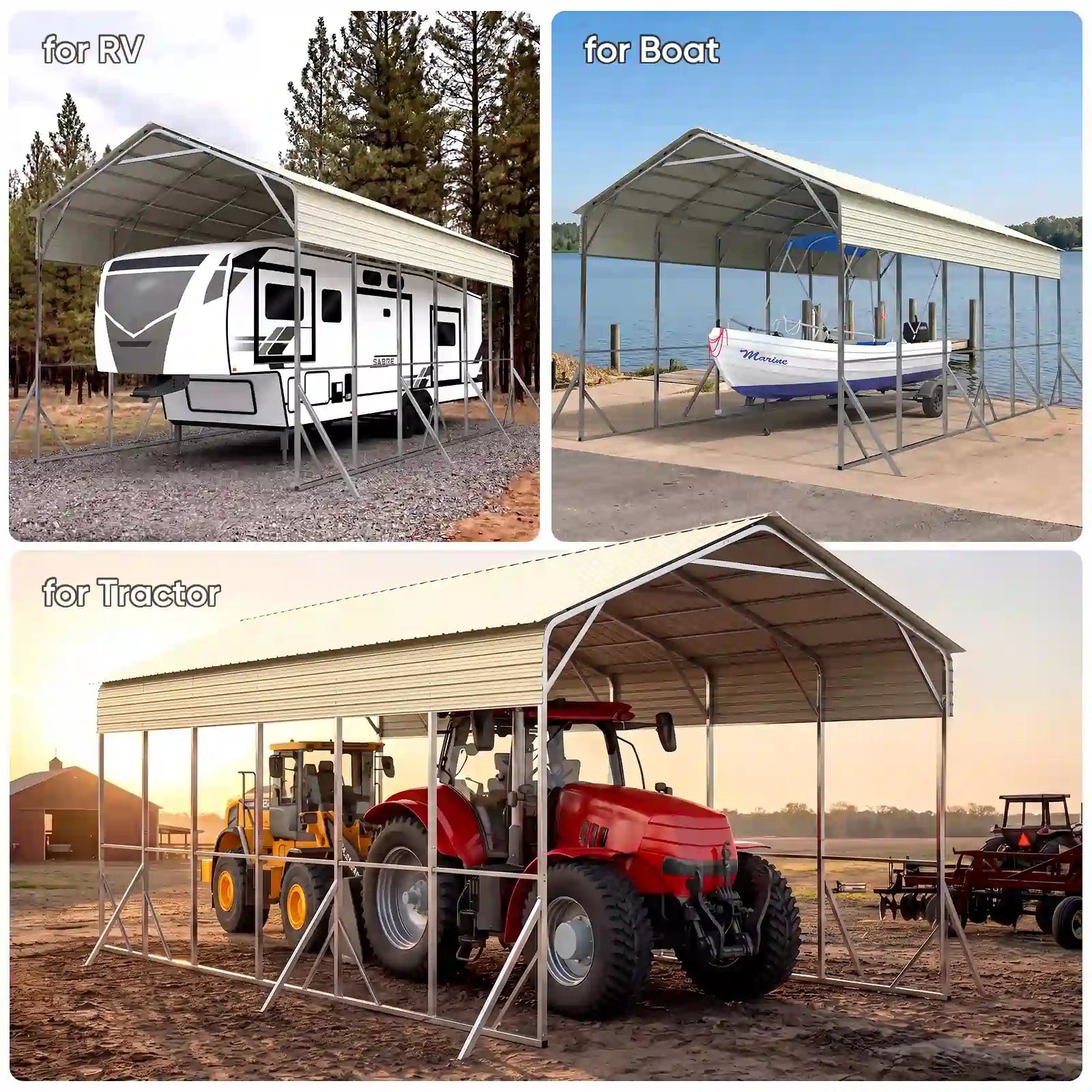 three different types of metal carports: one for RV, one for boat, and one for tractor#size_14X30ft-Taller