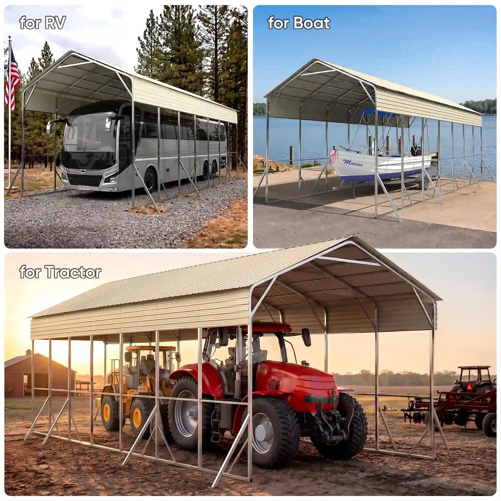 carports: one for RV, one for boat, and one for tractor#size_14X35ft-Taller
