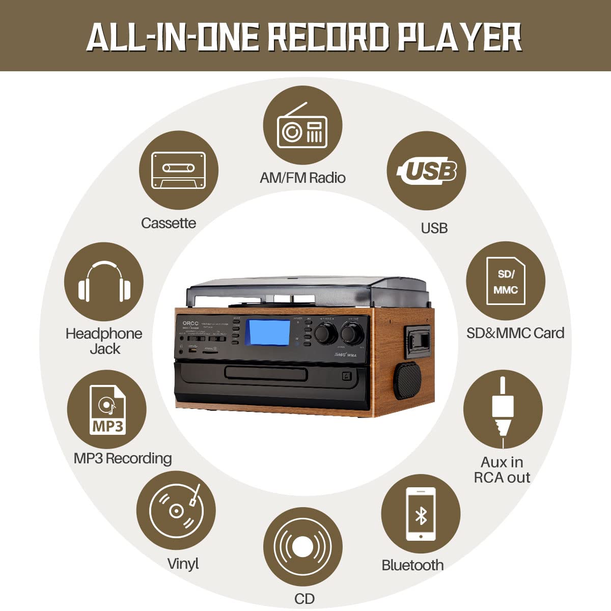 All-in-one record player with connectivity options#color_brown