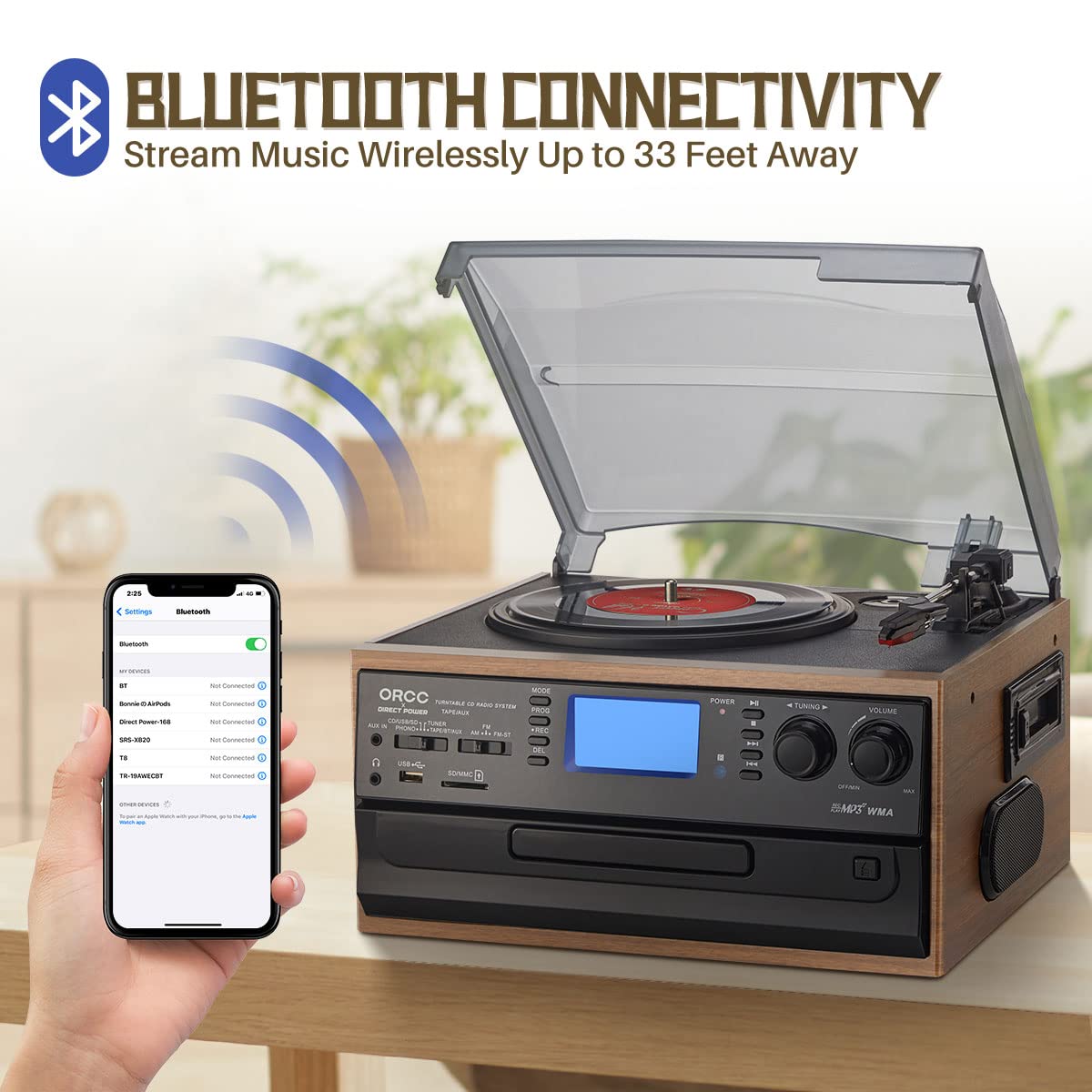 Record player with Bluetooth connectivity feature#color_brown