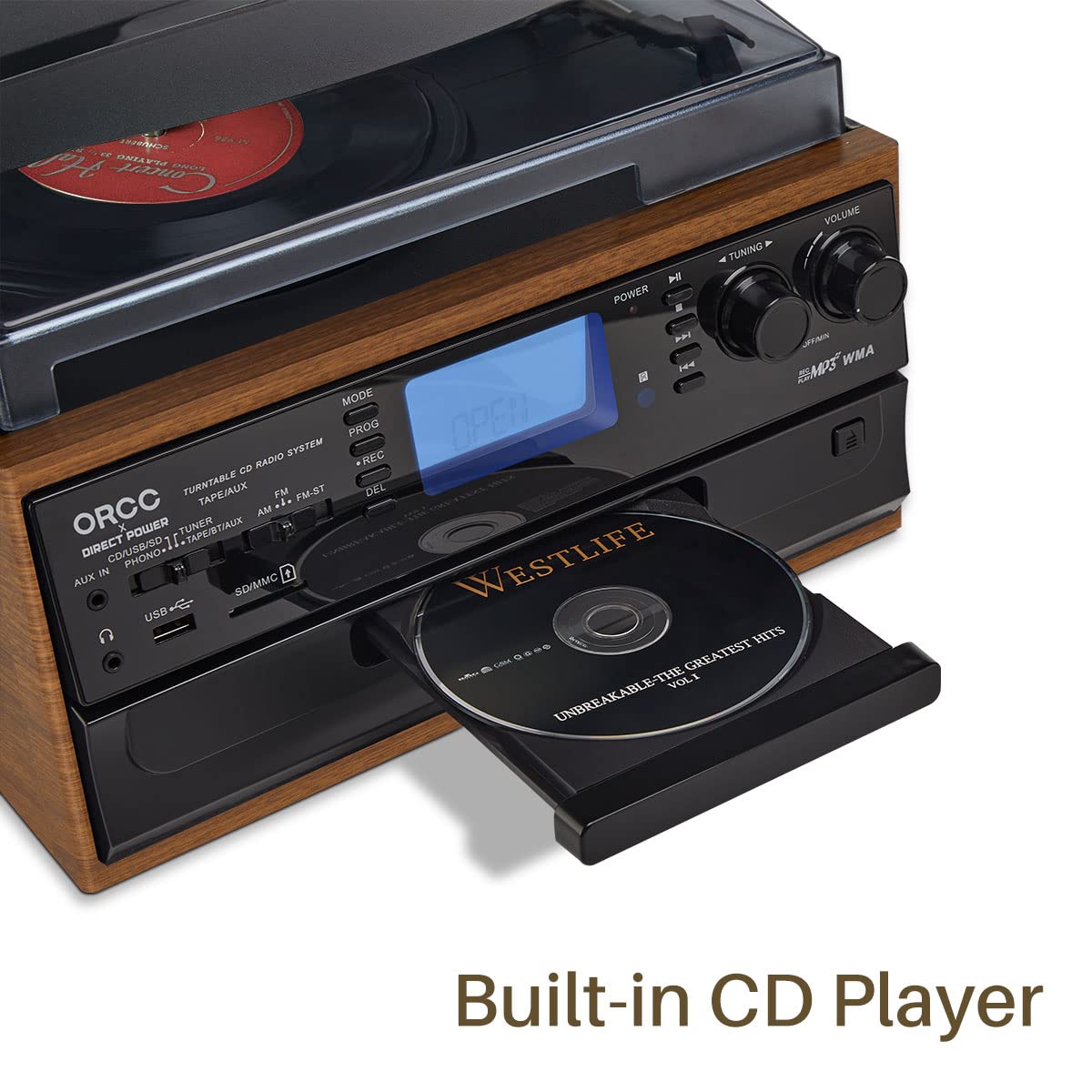 Record player with built-in CD player#color_brown
