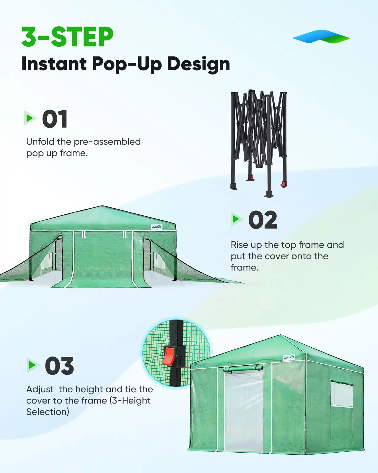 3-step assembly for instant pop-up greenhouse#size_10×10ft-Green