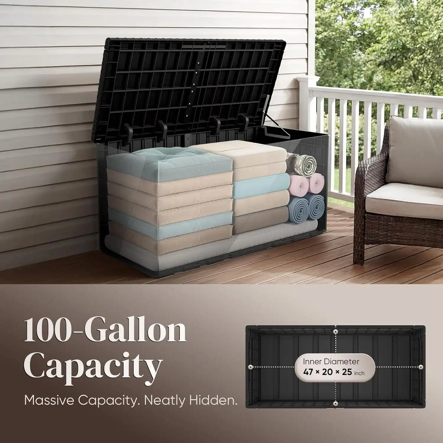 Black outdoor storage box with 100-Gallon Capacity#size_100 Gallon