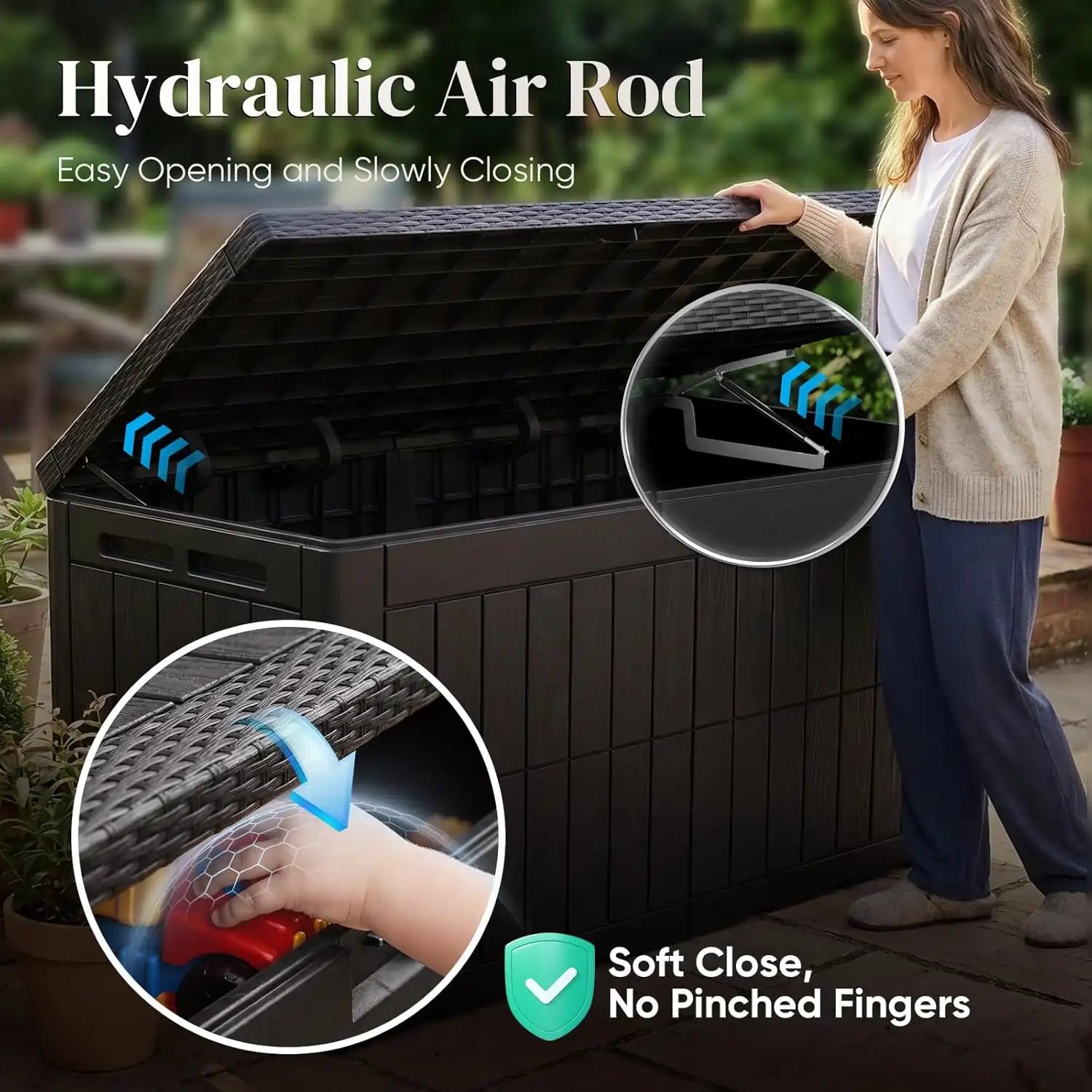 Black storage box with hydraulic air rod mechanism#size_100 Gallon