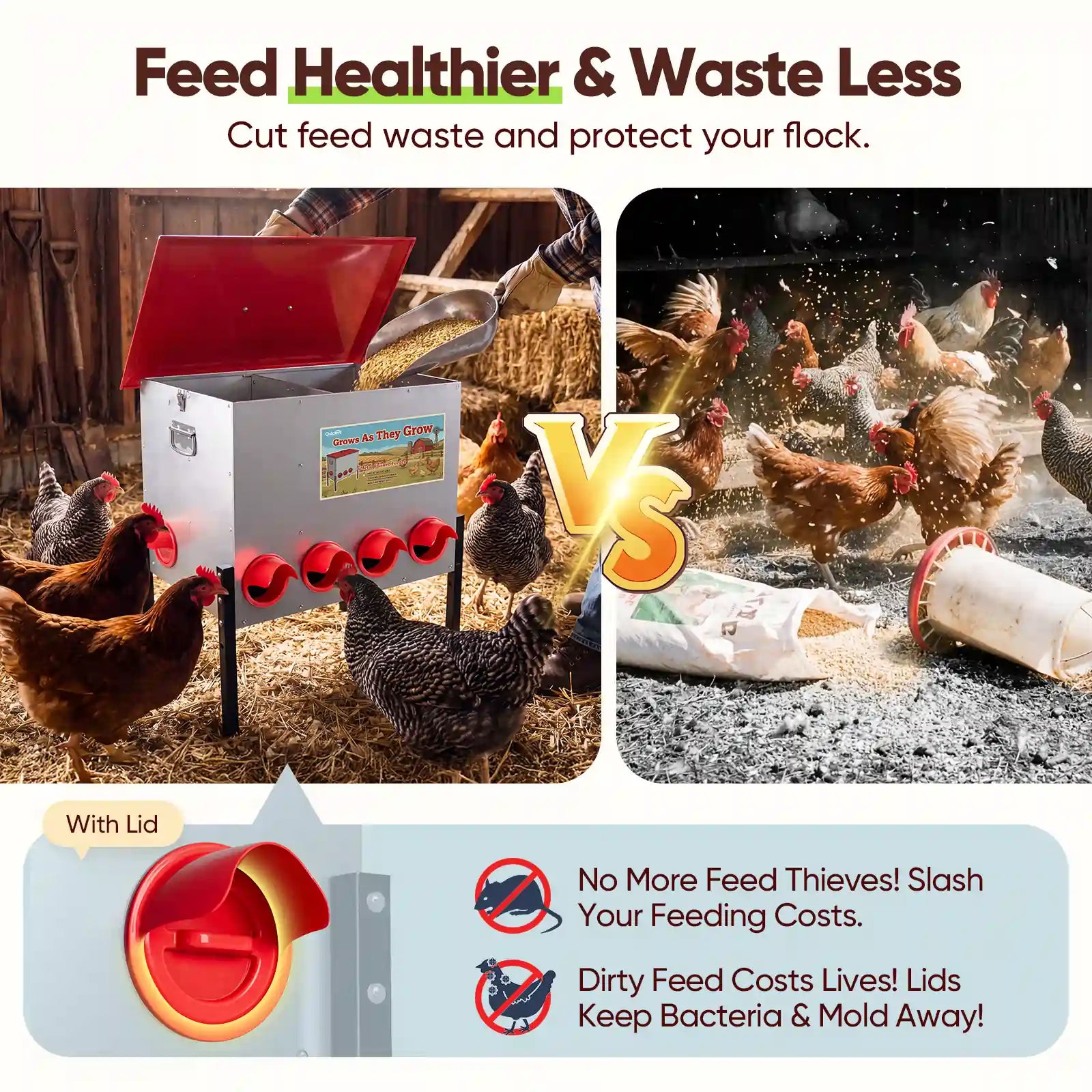 chicken coop feeder reducing feed waste, theft, and dirt#size_100-140 lbs