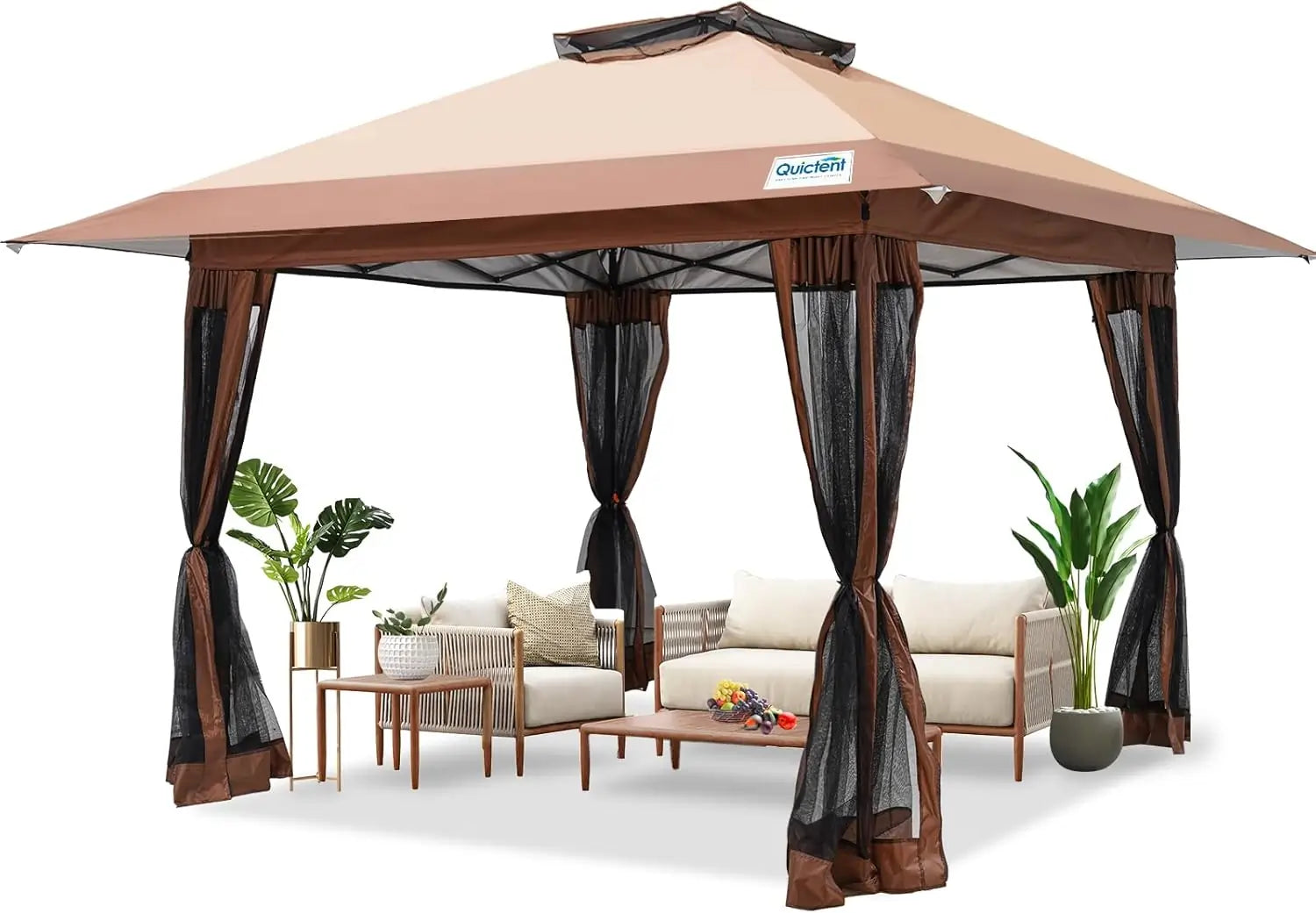Outdoor 13'x13' gazebo with beige roof#style_13FT-Tan w/ Netting