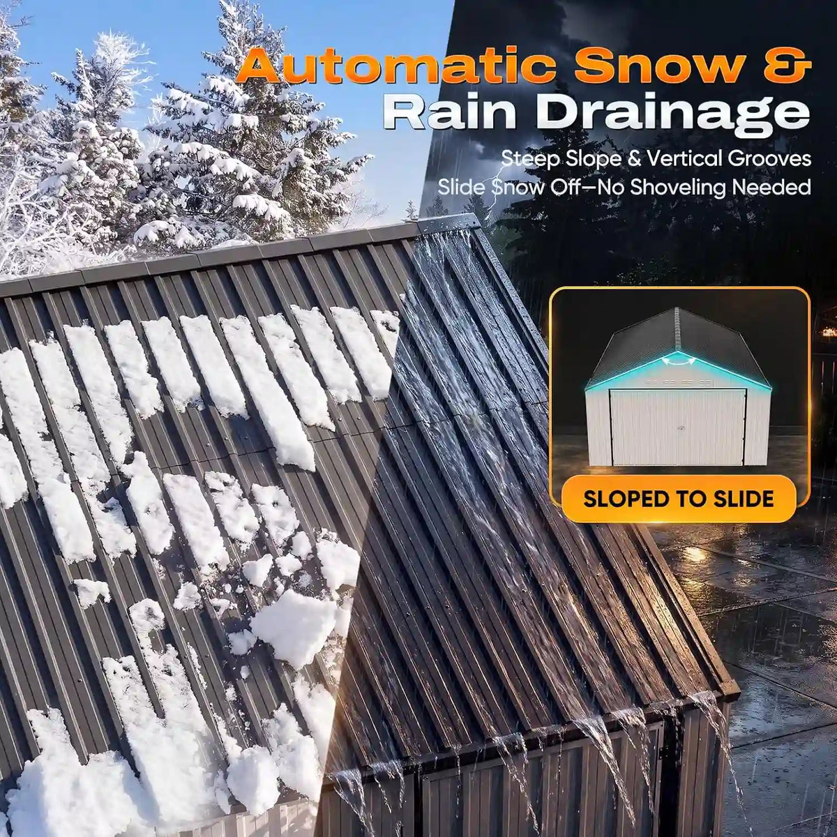 extended overhanging eaves to channel rainwater and sliding snow#size_14x24FT w/Side Door