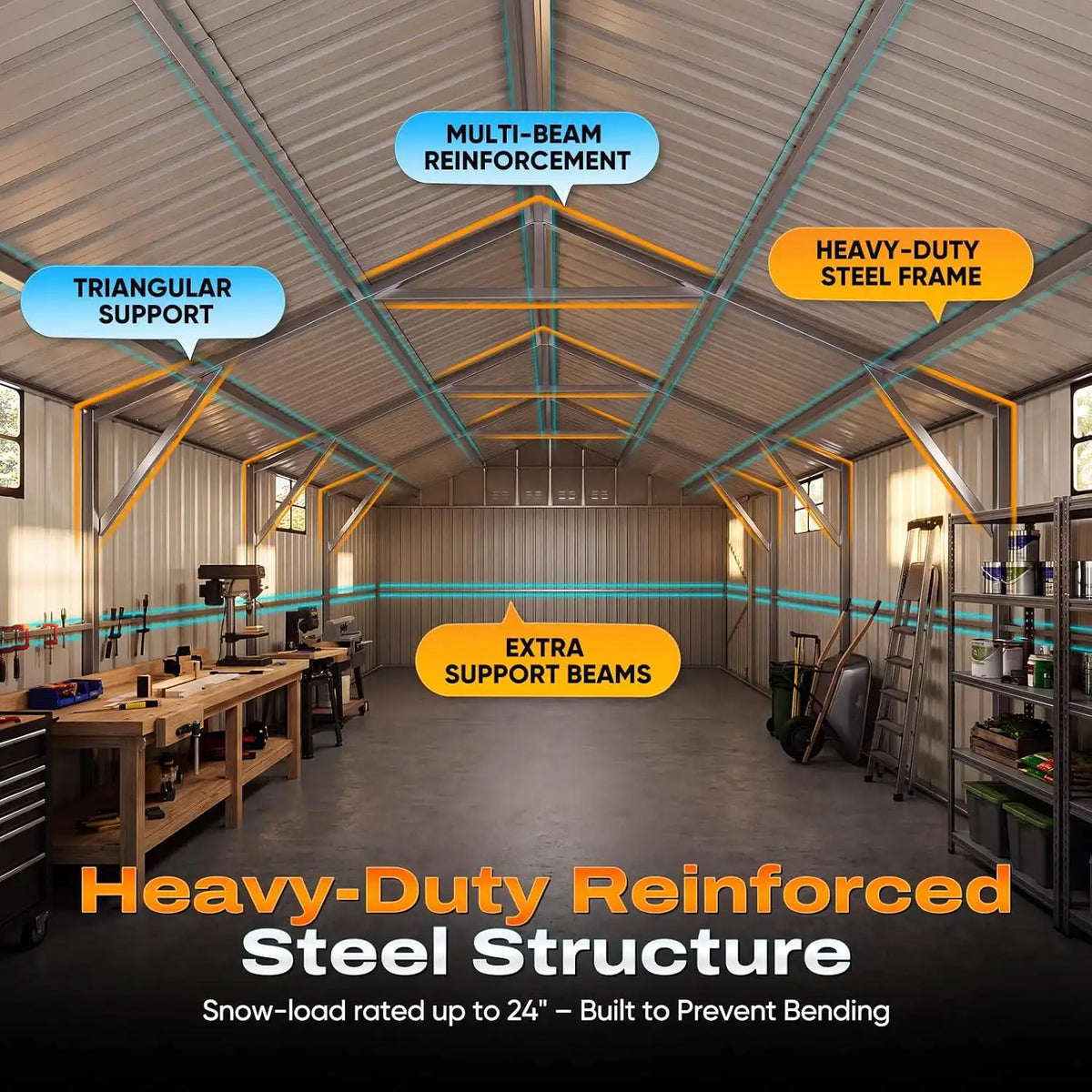 Engineered with high-strength triangular steel roof trusses#size_14x24FT w/Side Door