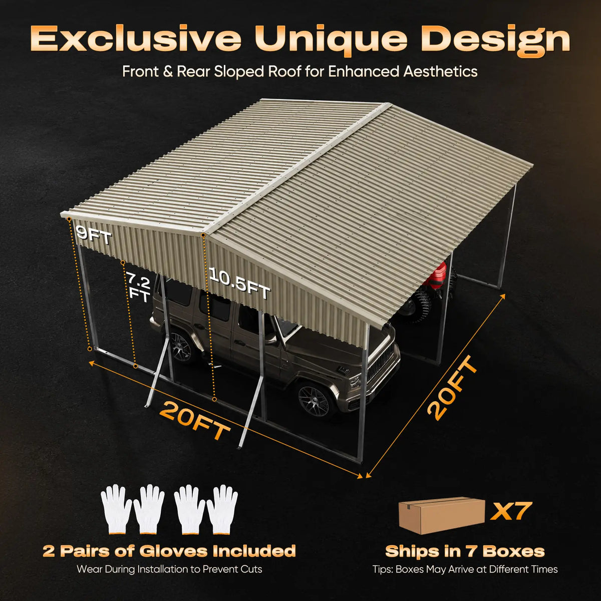 Overall dimension: 20'L × 20'W | 9FT side height#size_20X20ft Front+Rear Roof