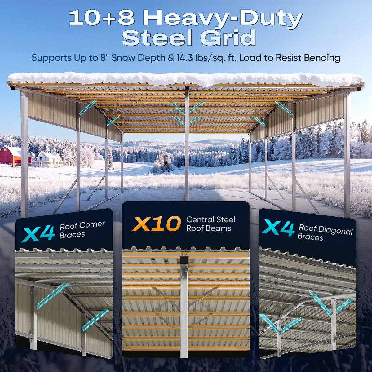 Built with 10 central roof beams + 8 diagonal steel braces#size_20X20ft Front+Rear Roof