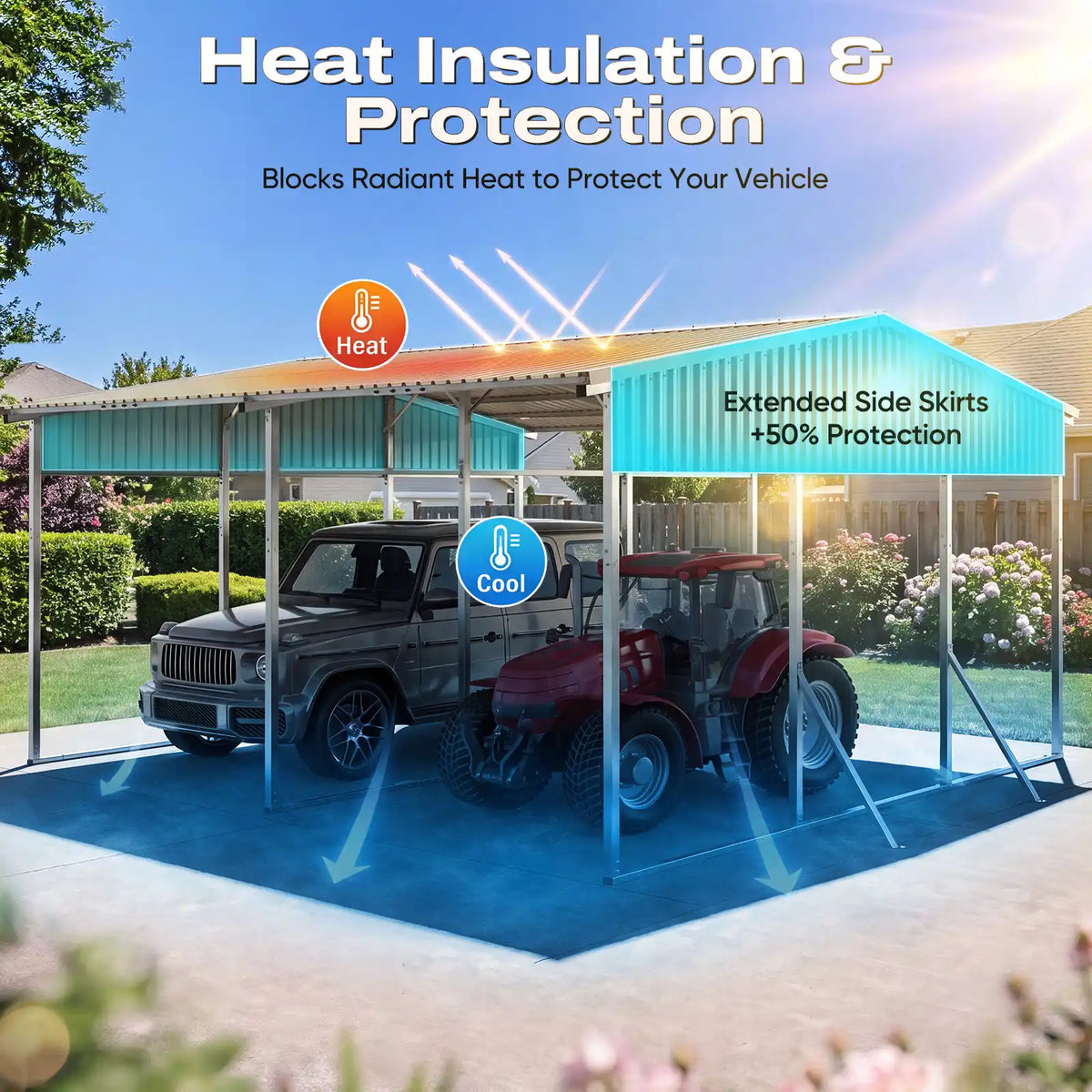 metal roof delivers excellent heat insulation, blocks radiant sunlight to lower internal temperature#size_20X20ft Front+Rear Roof