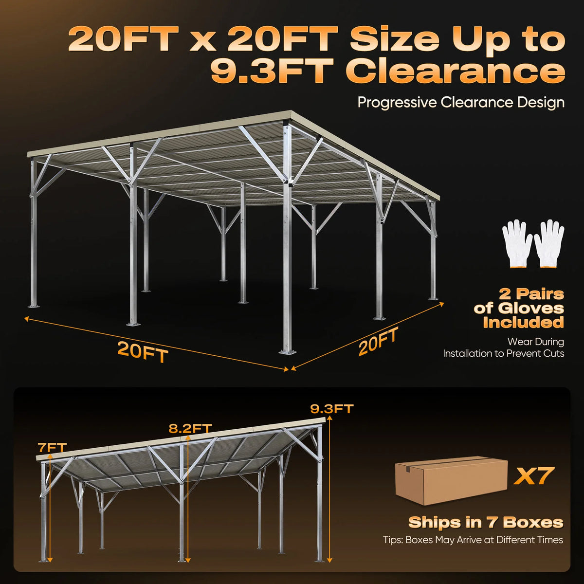 metal carport easily accommodates two full-size vehicles, tractor, pickup truck or small RV#size_20X20ft Lean-to-Slope Roof
