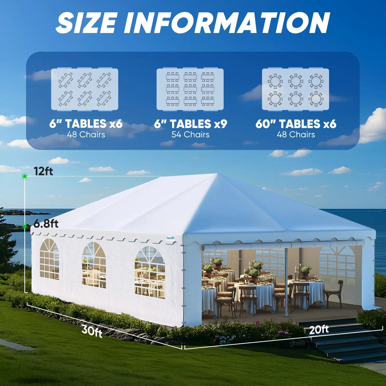 White party tent with size information#size_20'x30' with Sides
