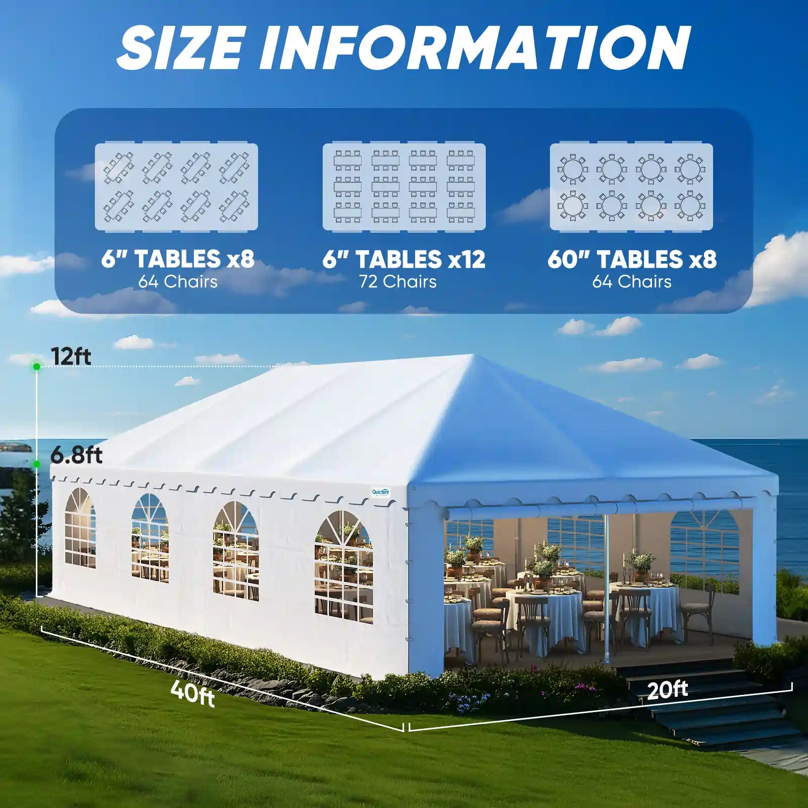 White party tent with size information#size_20'x40' with Sides