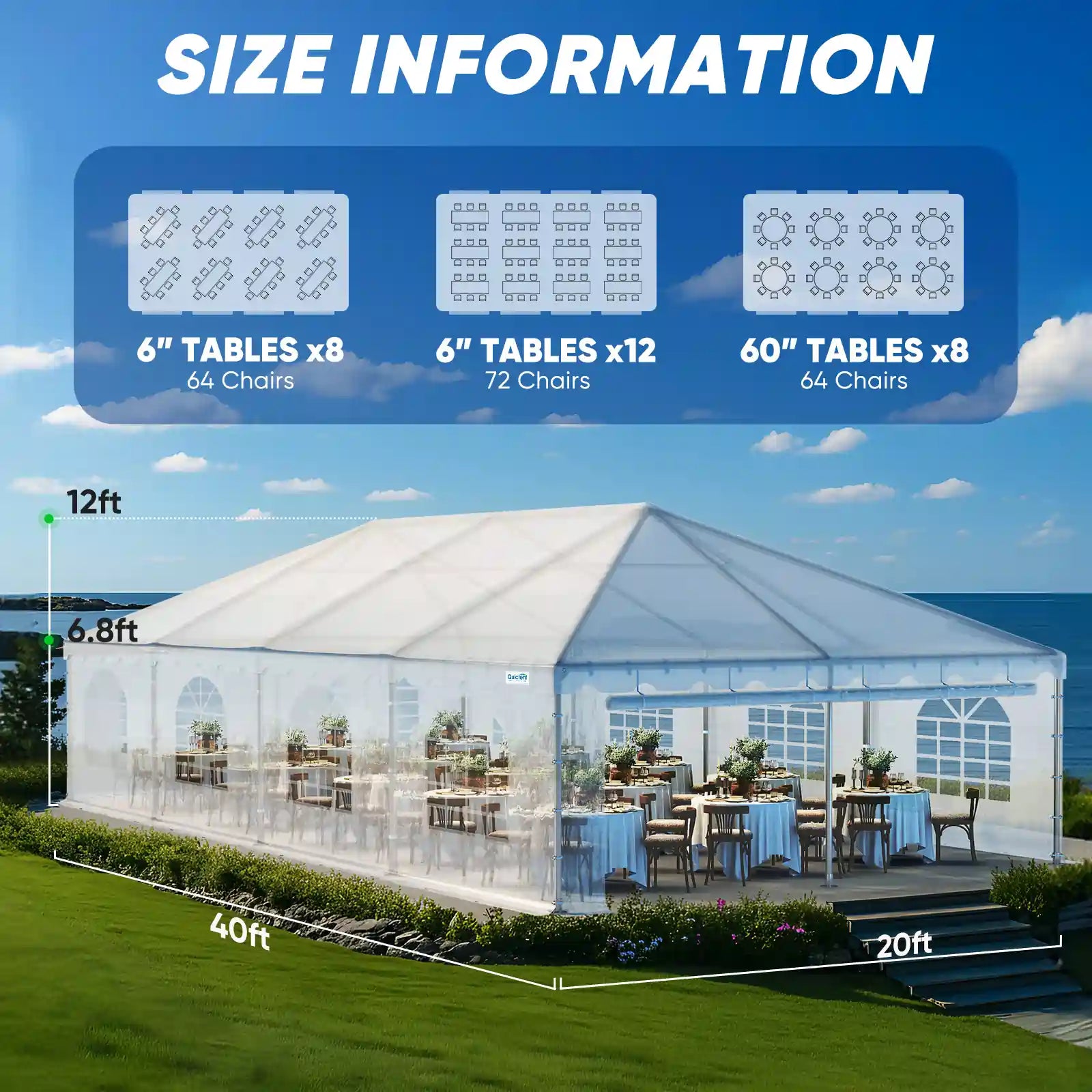 Clear party tent with size information#size_20'x40' Transparent Sides