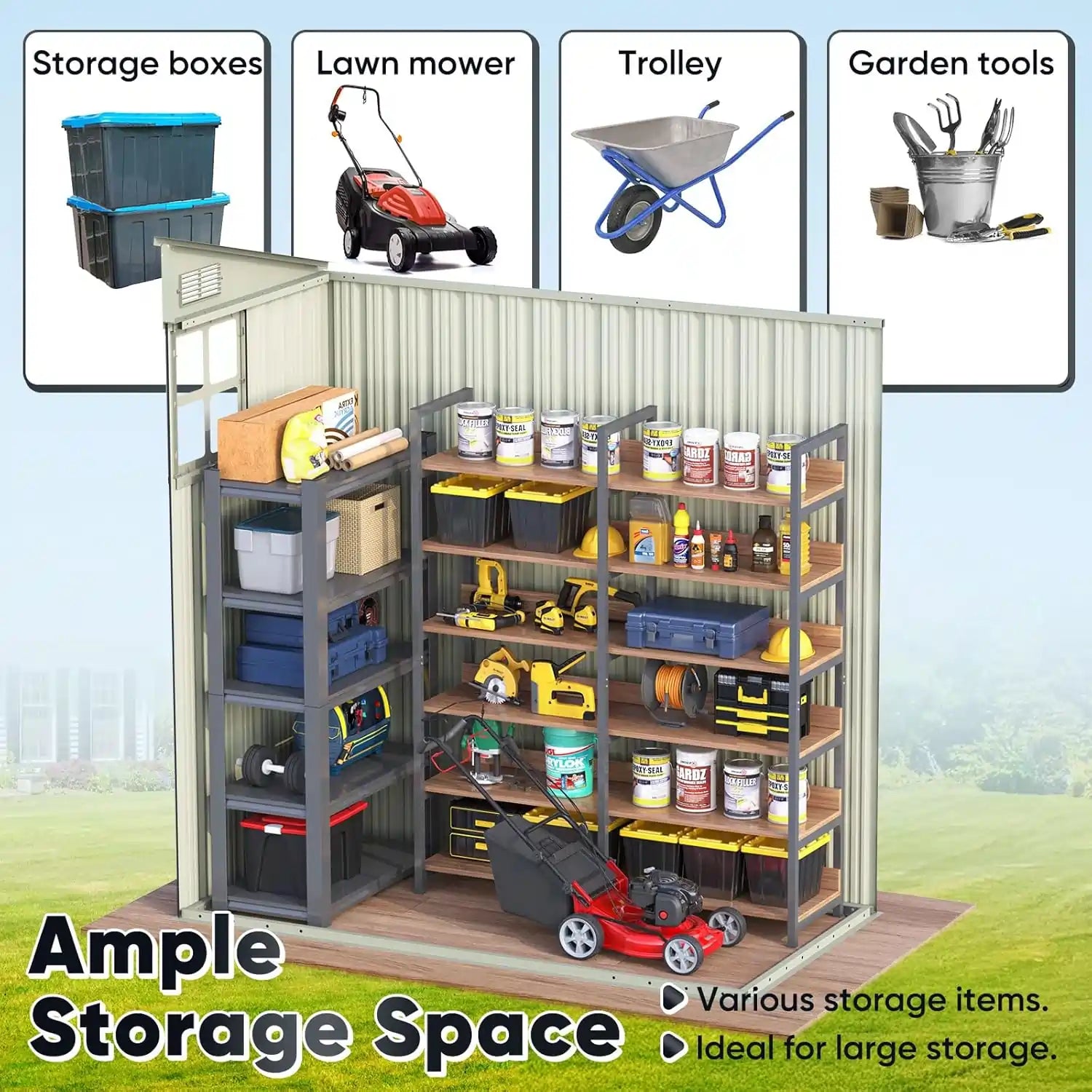 Storage shed with various gardening tools and equipment#size_66.93"x33.46"