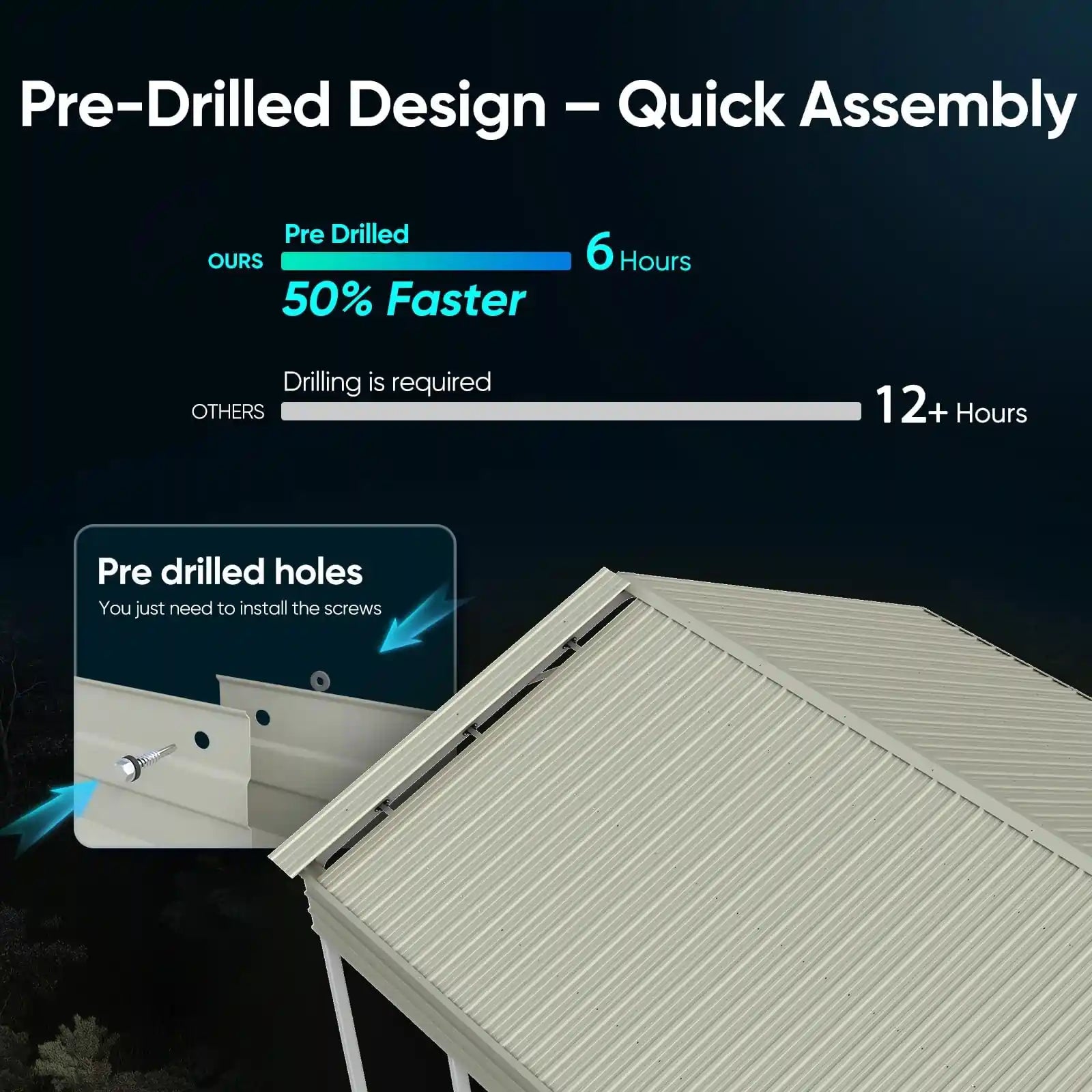 50% Faster Assembly with Pre-drilled design#size_12X21ft