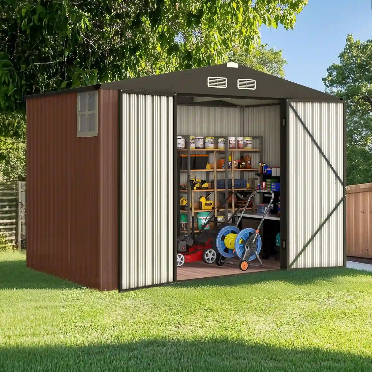 8.2X5.8 FT Brown Outdoor Metal Storage Shed#size_98.43"x66.14"-Brown