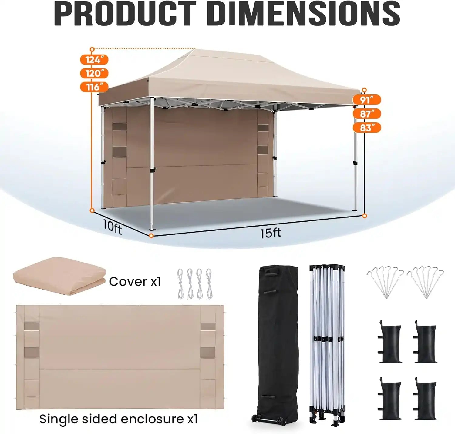 Product dimensions of a canopy#style_10x15 With 1 Sidewall-Beige