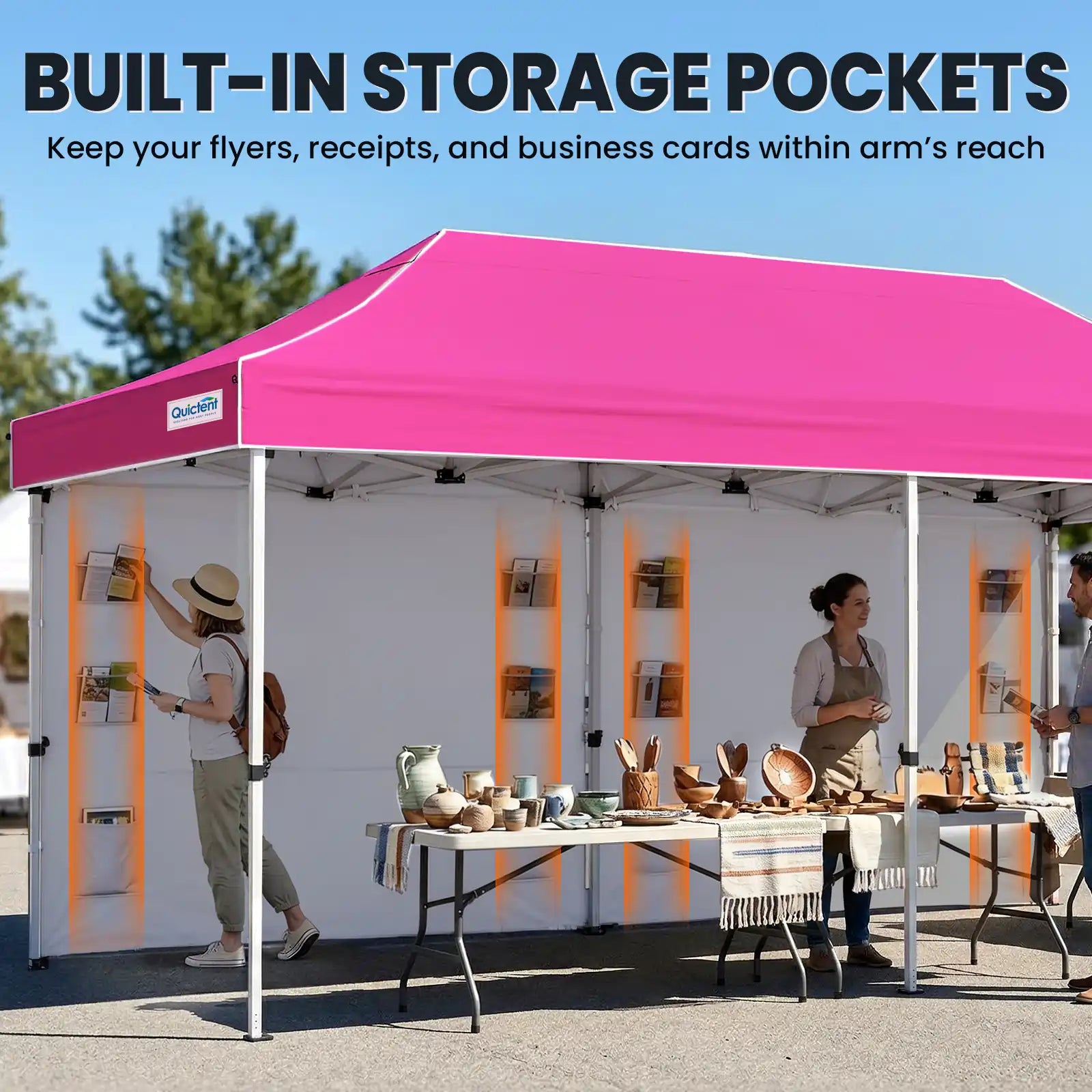 Pink canopy tent with storage pockets for business#style_10x20 With 1 Sidewall-Pink