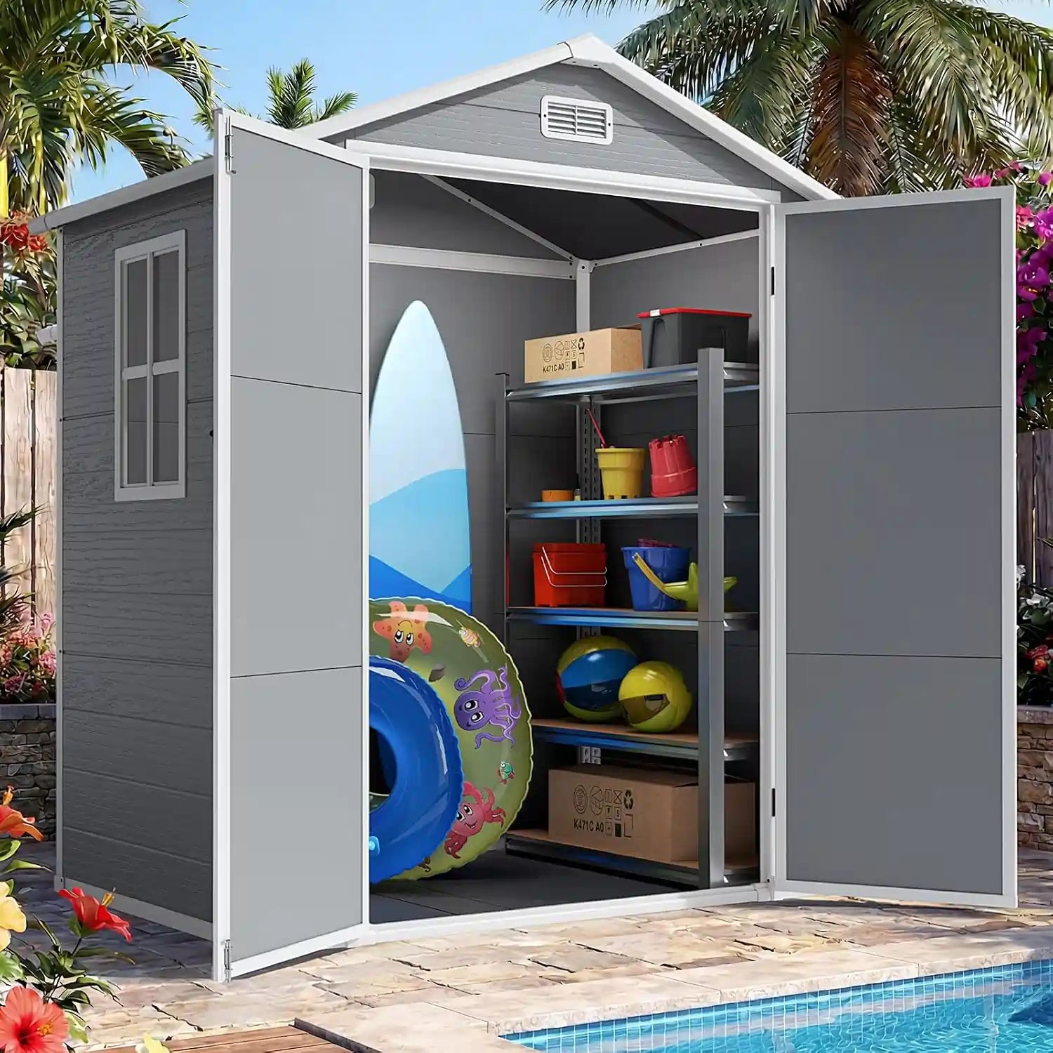 A light gray Outdoor Plastic Storage Shed#size_5.6x3.7FT-Light Gray