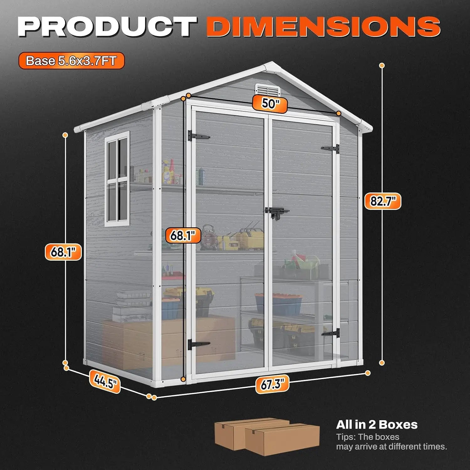 Product dimensions of a gray shed#size_5.6x3.7FT-Light Gray