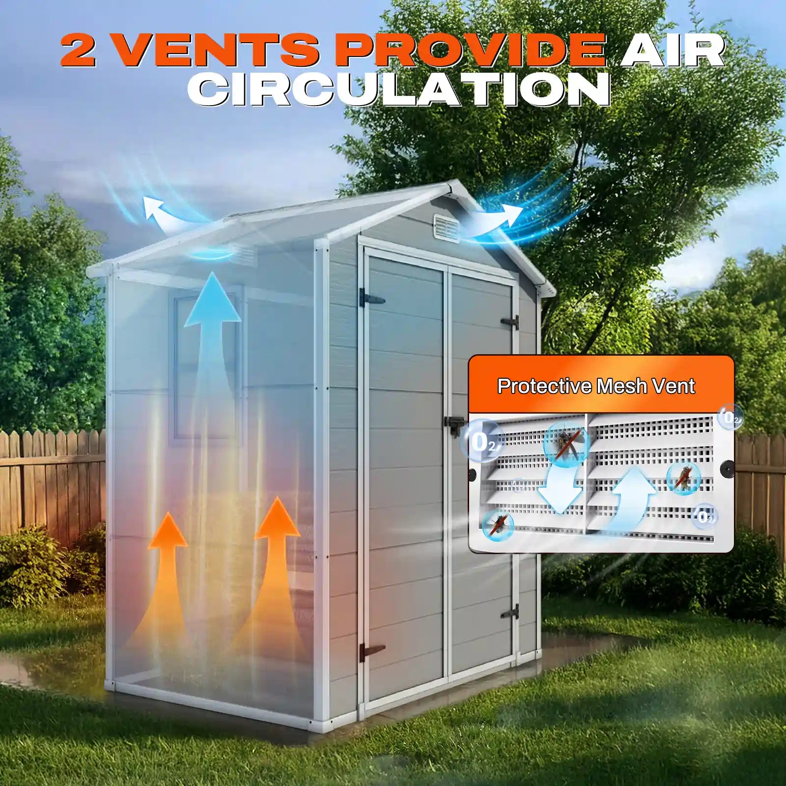 A gray metal garden shed with translucent vent panels#size_5.6x3.7FT-Light Gray