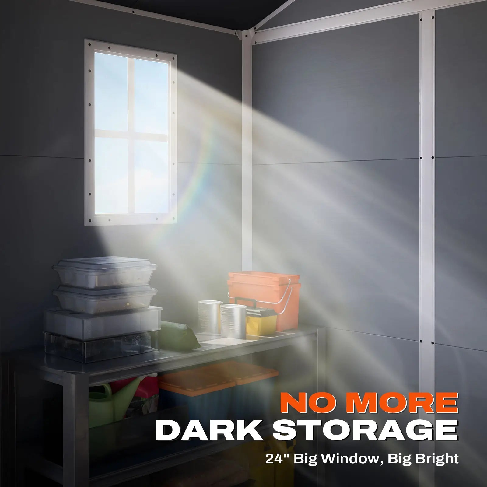 A shed or storage room interior with  Bright sunlight streams through the window#size_5.6x3.7FT-Light Gray