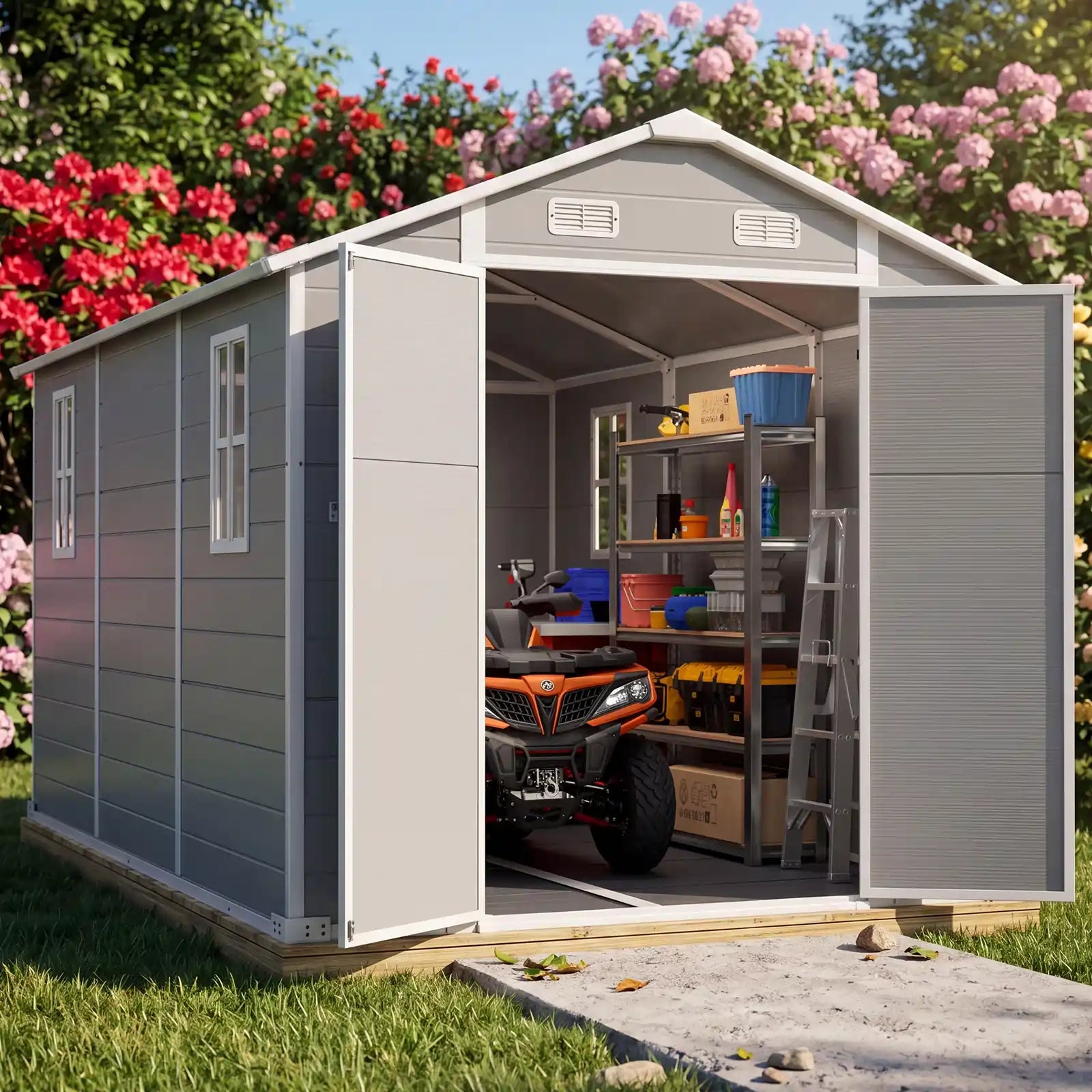 Quictent 8x10 FT Resin Storage Shed with Floor#size_7.2x9.4FT-Light Gray