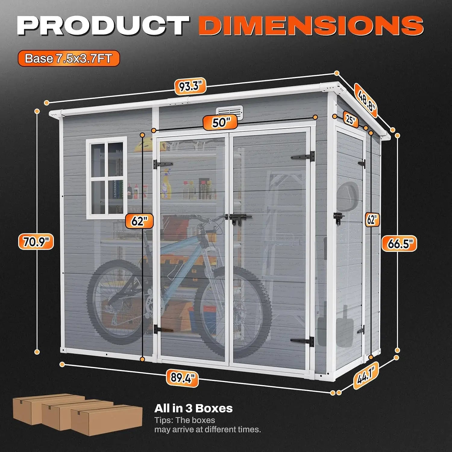 Product dimensions of a Resin Storage Shed with Floor#size_7.5x3.7FT-Light Gray