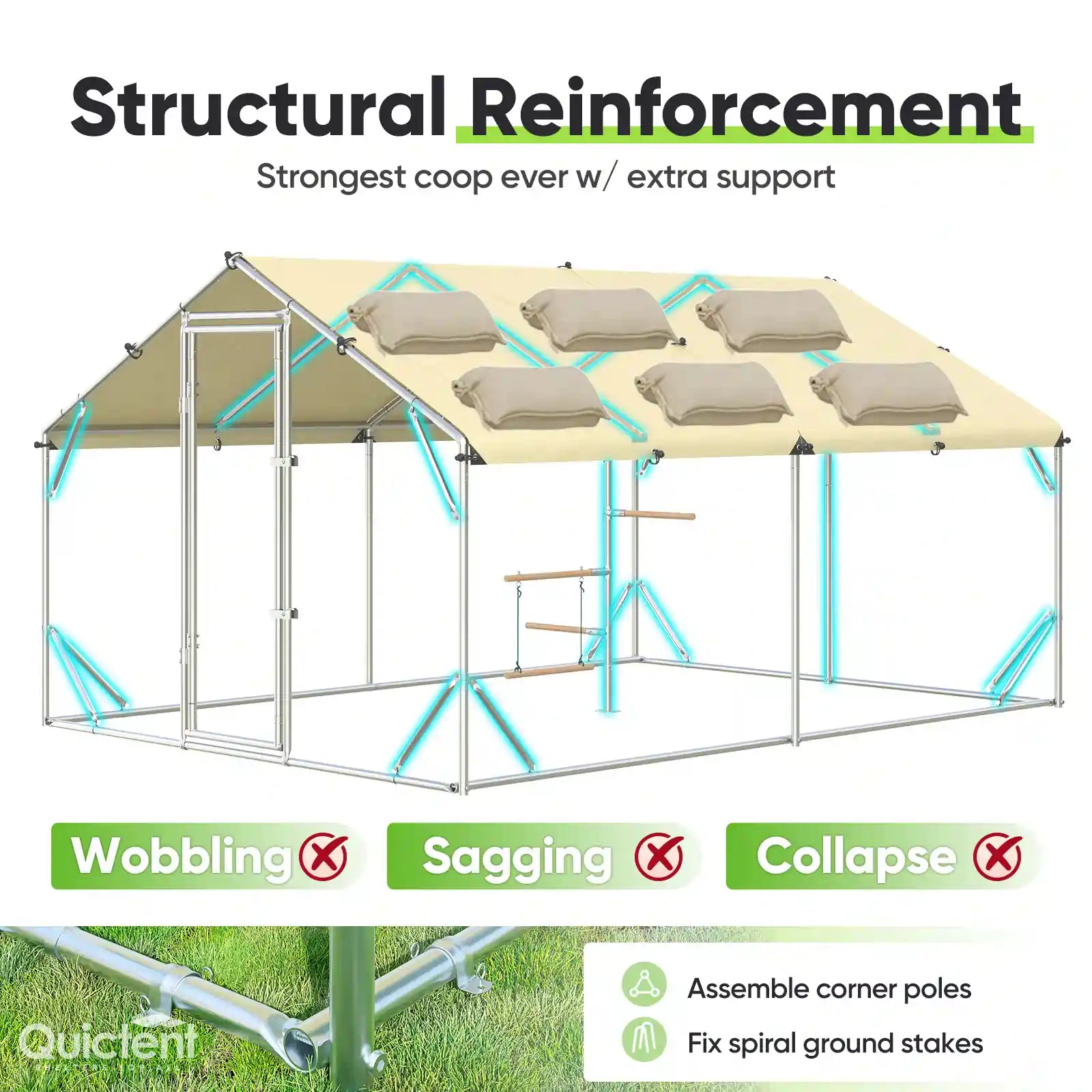 Structural reinforcement of a coop with additional support#size_12x9ft w/Extended Wire+Roost Poles