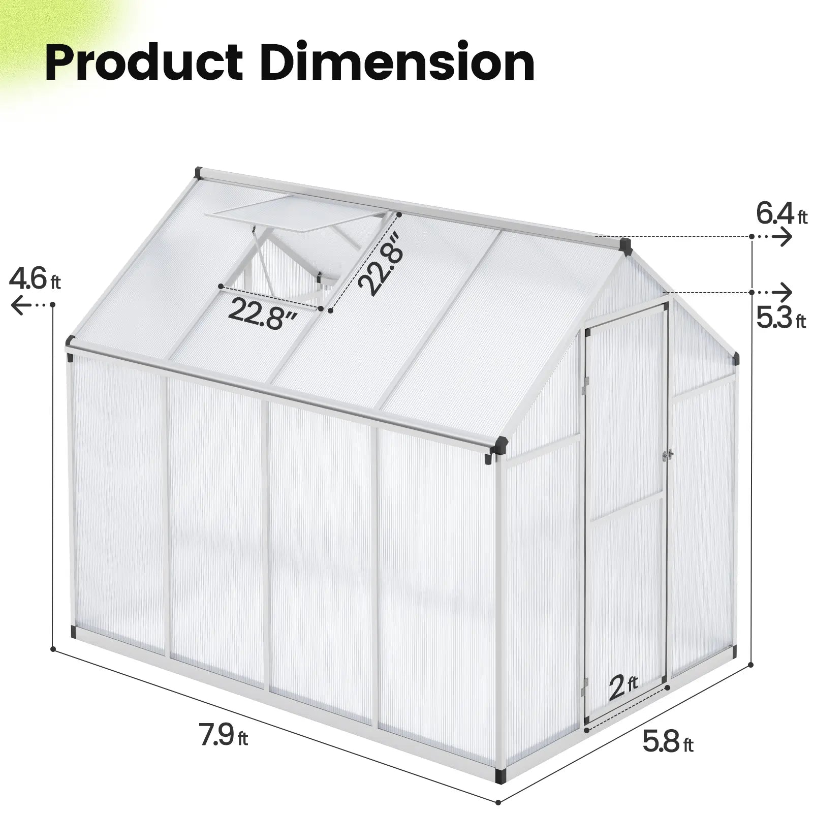 Walk-In Polycarbonate Greenhouse 6X8X6ft Silver Size