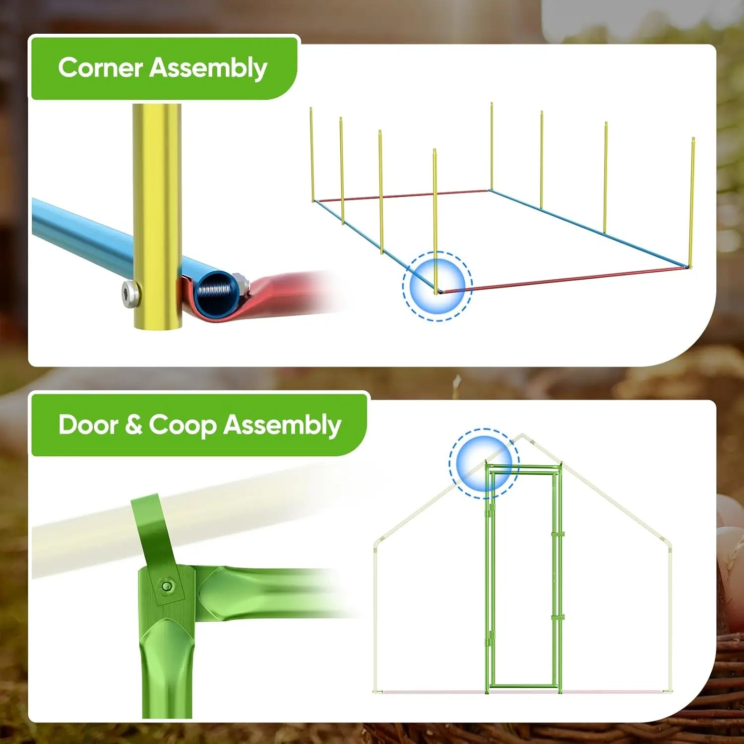 Illustrations of corner and door/coop assembly#size_12x9ft w/Extended Wire